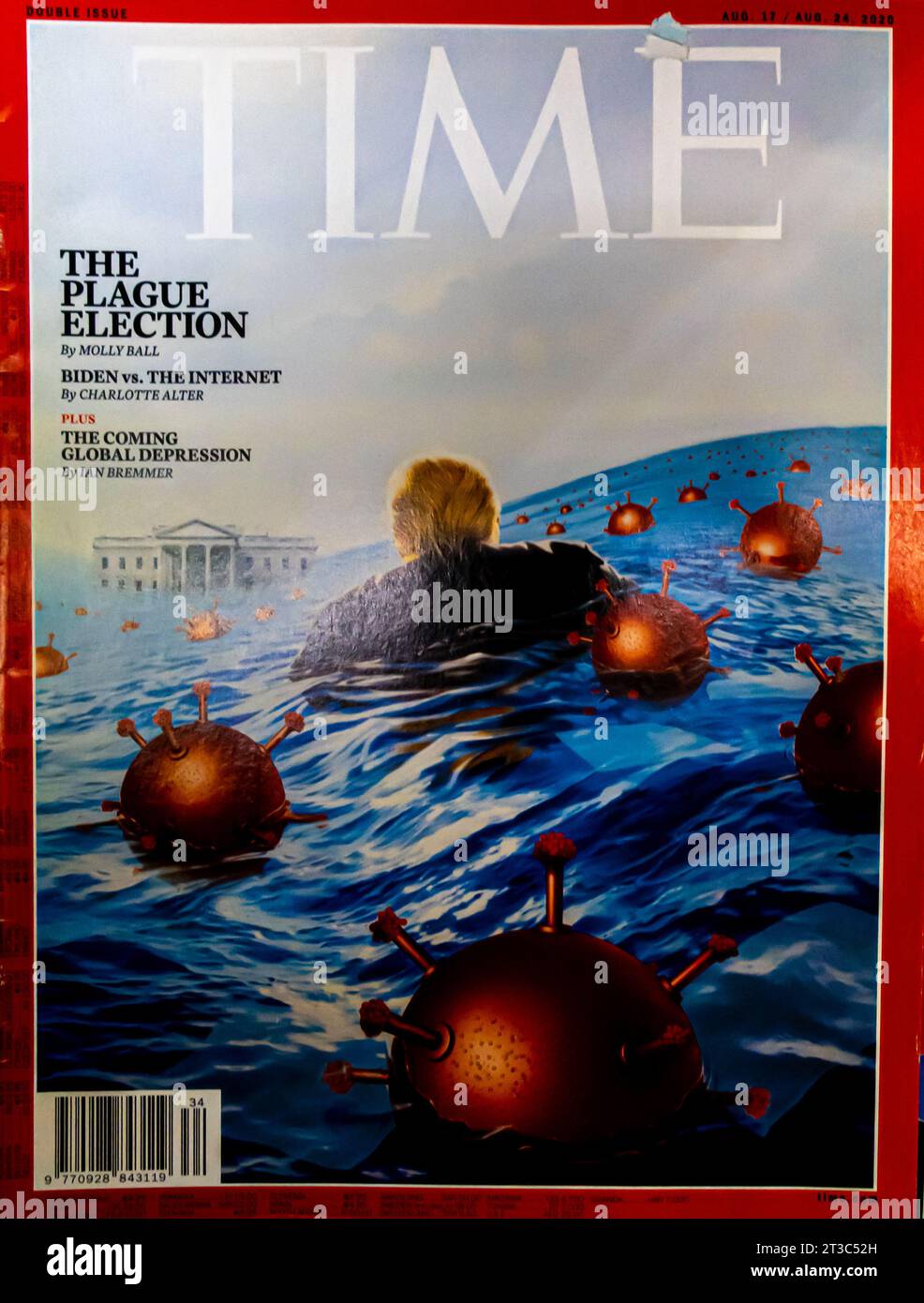 Copertina della rivista TIME del 17 agosto 2020. Le elezioni per la peste. Donald Trump nel mare delle miniere Foto Stock