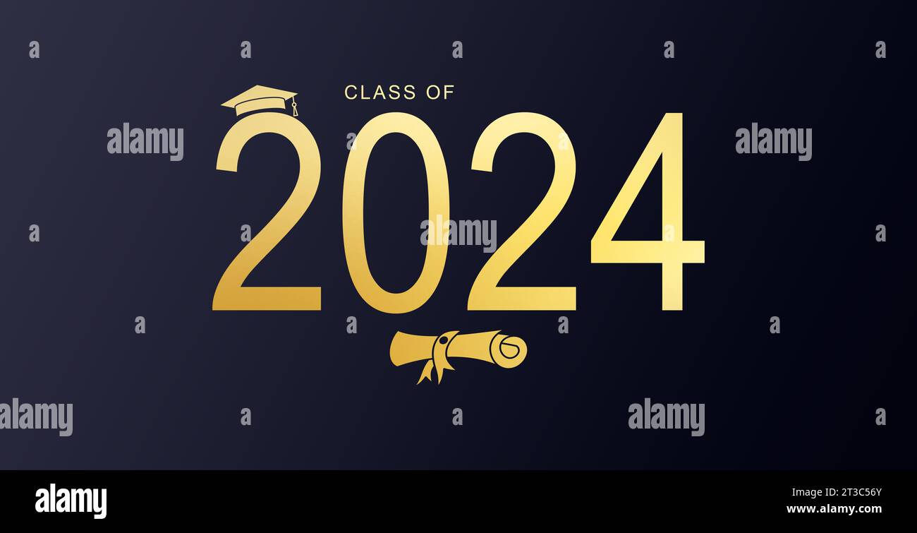 Classe del 2024. Congratulazioni ai laureati nel concetto di celebrazione con elementi decorativi. Modello di progettazione per tipografia di graduazione, banner. Foto Stock