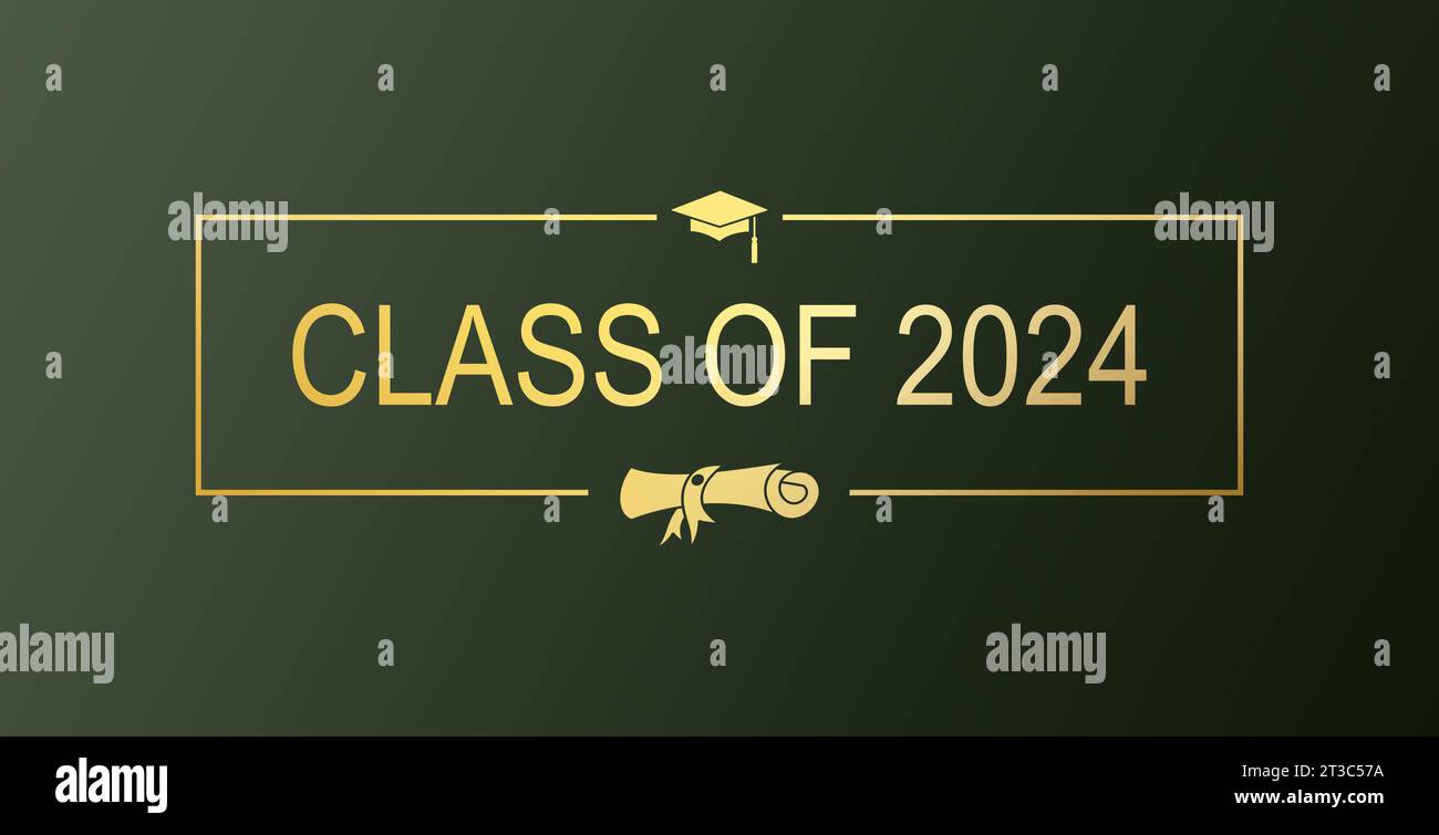 Congratulazioni ai laureati con sfondo astratto con tratto di pennello dorato. Classe 2024 design nero e oro per la cerimonia di laurea. Foto Stock