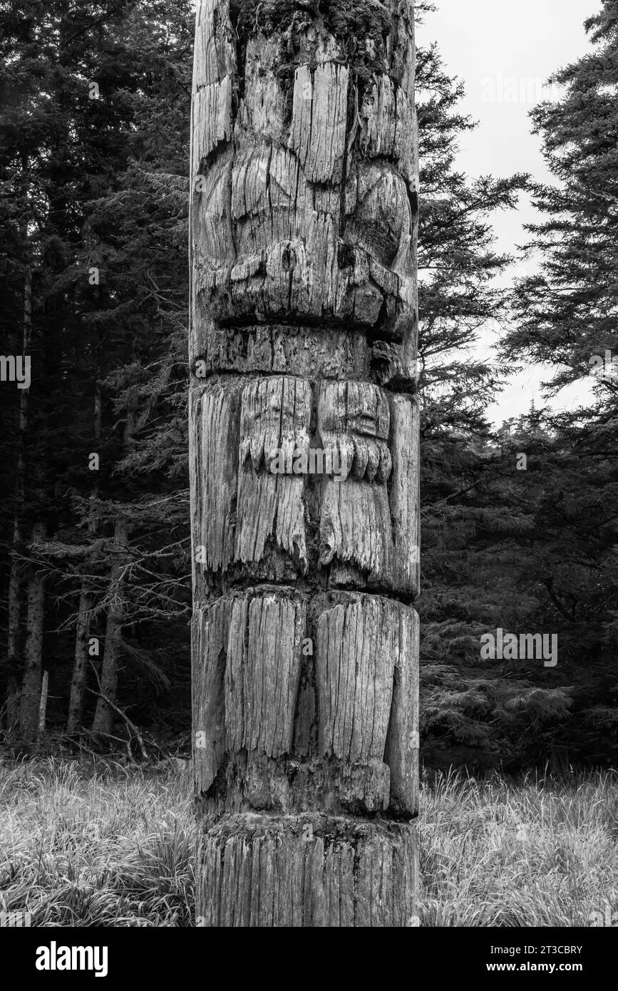 Palo totem presso Sgang Gwaay Llnagaay, sito patrimonio dell'umanità dell'UNESCO, un antico villaggio sito nel Parco Nazionale di Gwaii Haanas, Haida Gwaii, col Foto Stock