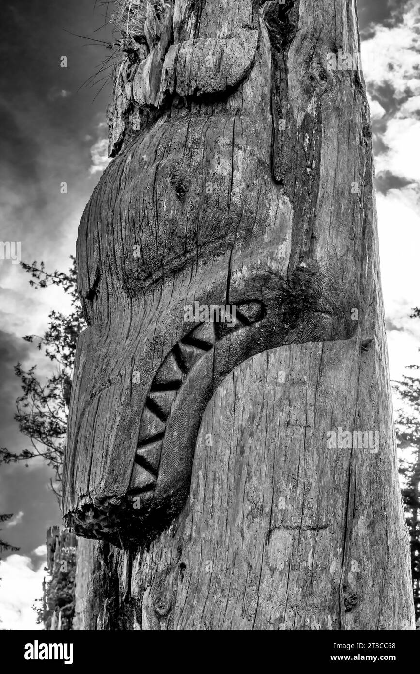 Palo totem presso Sgang Gwaay Llnagaay, sito patrimonio dell'umanità dell'UNESCO, un antico villaggio sito nel Parco Nazionale di Gwaii Haanas, Haida Gwaii, col Foto Stock