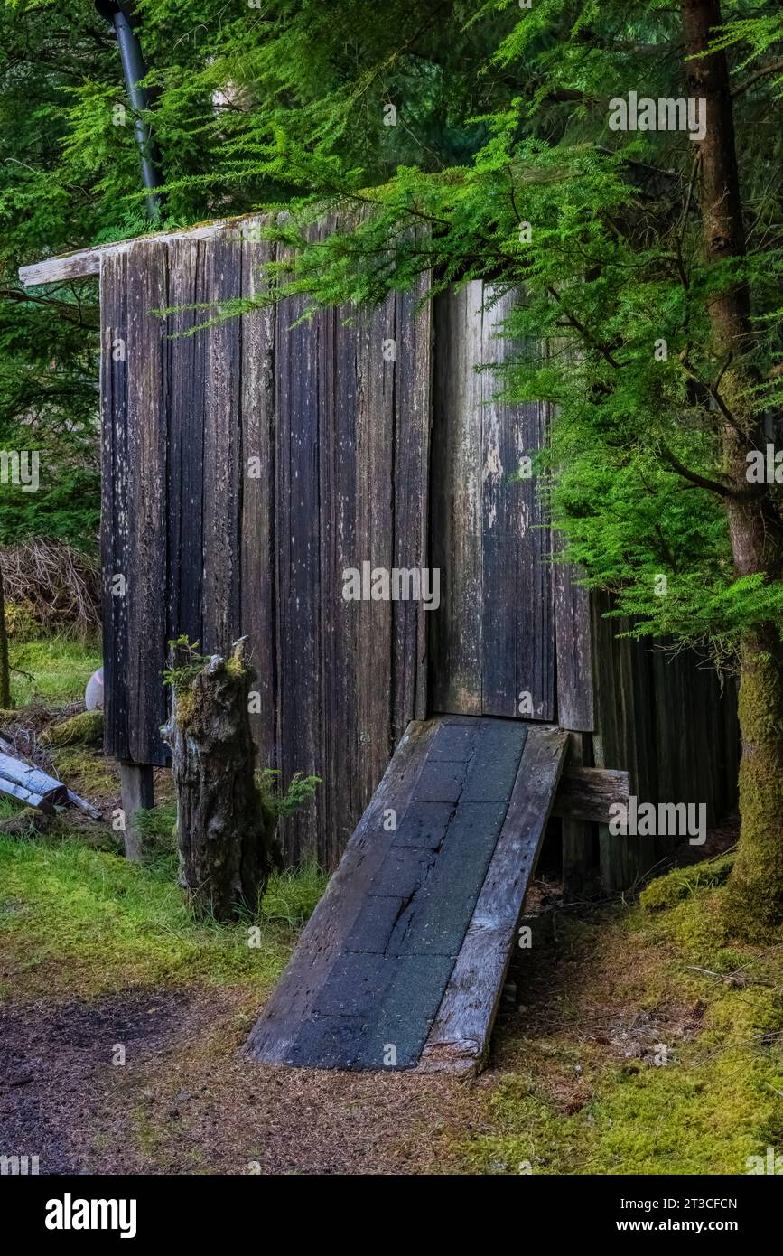 Outhouse per la Rose Harbour Guesthouse presso la vecchia Rose Harbour Whaling Station, nella riserva del Parco Nazionale di Gwaii Haanas, Haida Gwaii, British Columbia, CA Foto Stock