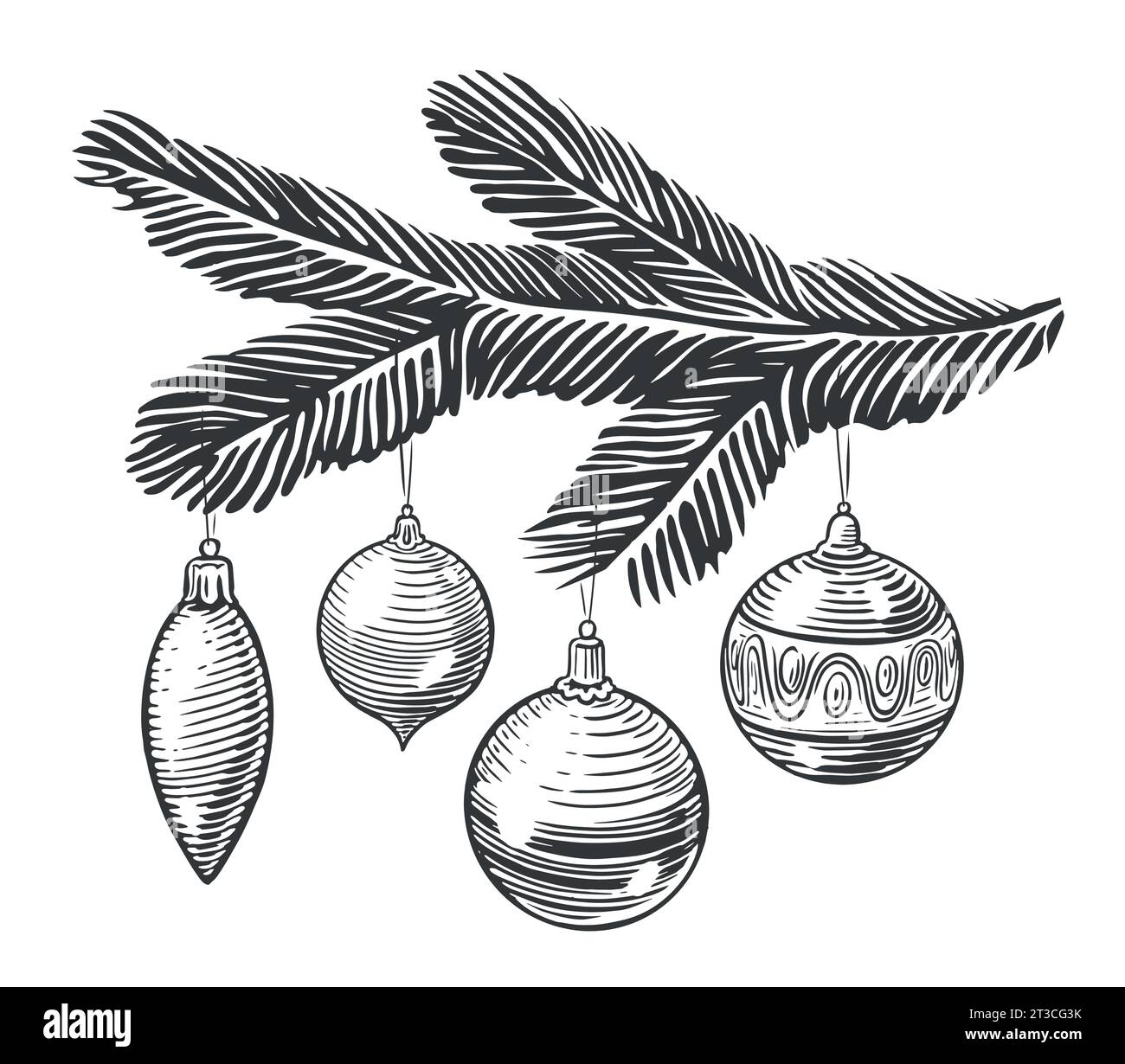 Decorazioni natalizie palle e baule appese a un ramo di abete. Buon Natale disegna un'illustrazione vettoriale vintage Illustrazione Vettoriale