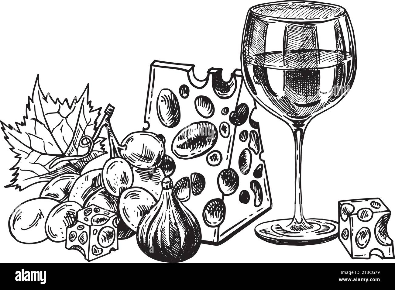 Pila di formaggio estratto a mano con bottiglia di vino, bicchiere di vino, uva e fico. Illustrazione vettoriale disegnata a mano. Illustrazione Vettoriale