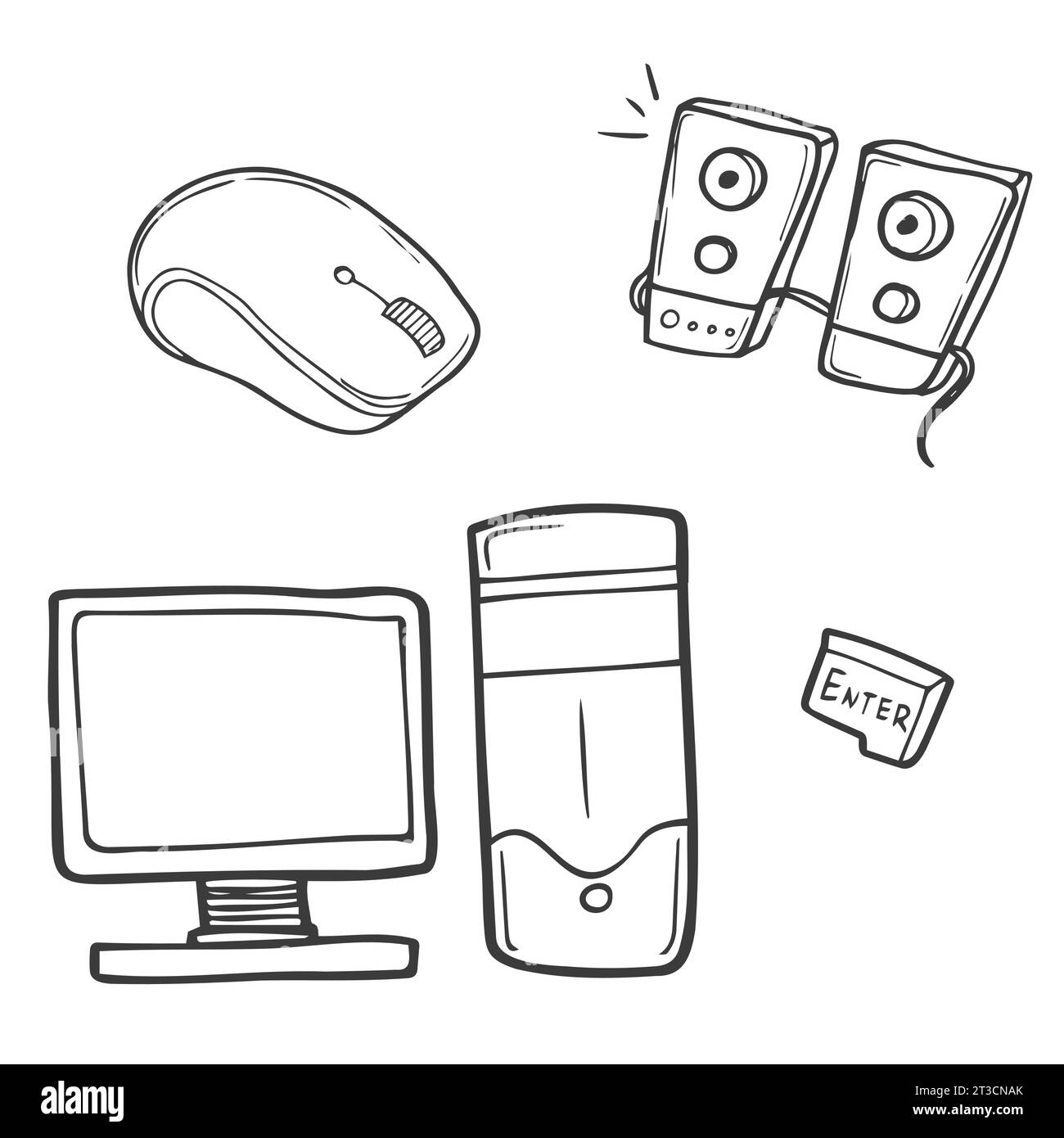 Dispositivi elettronici tra cui computer, pulsante della tastiera, mouse e altoparlanti. Illustrazione Vettoriale