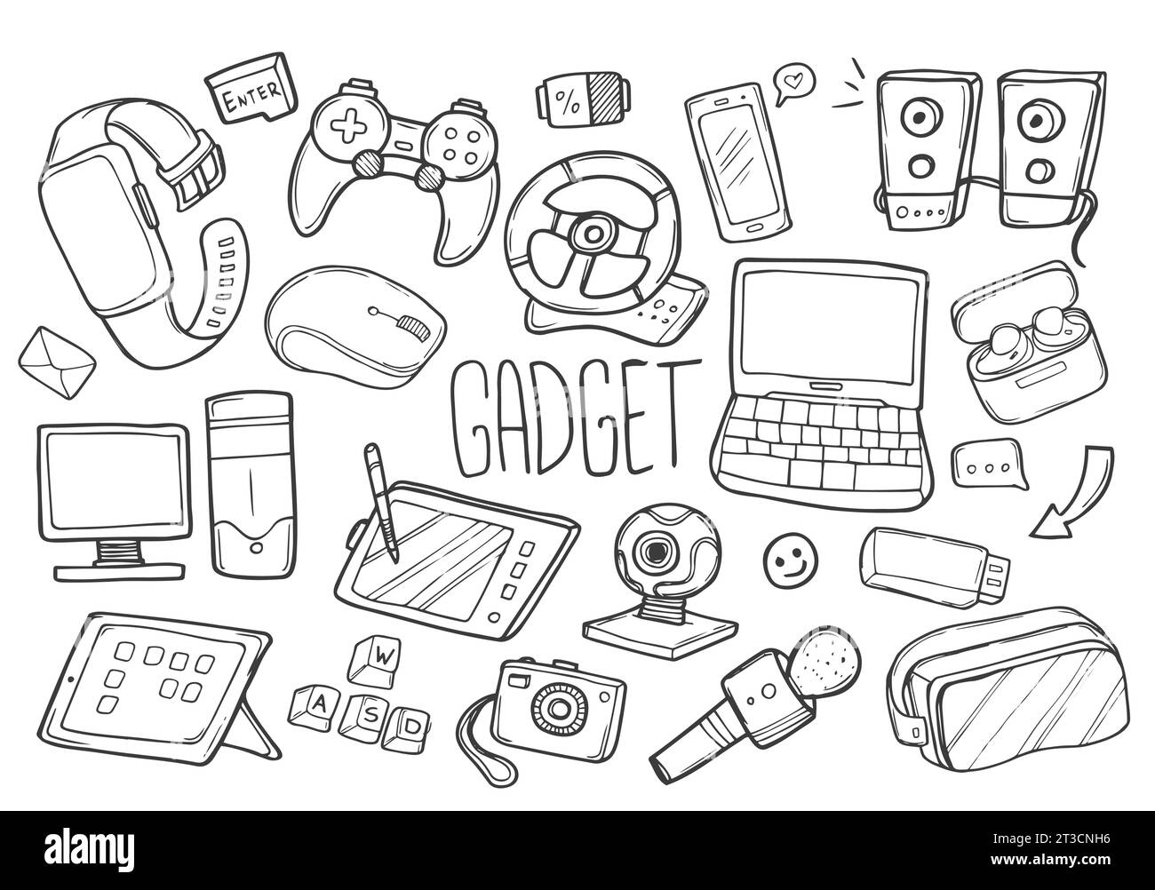Gadget strumenti per computer icone di Doodle tradizionali Sketch Hand Design Vector. Illustrazione Vettoriale