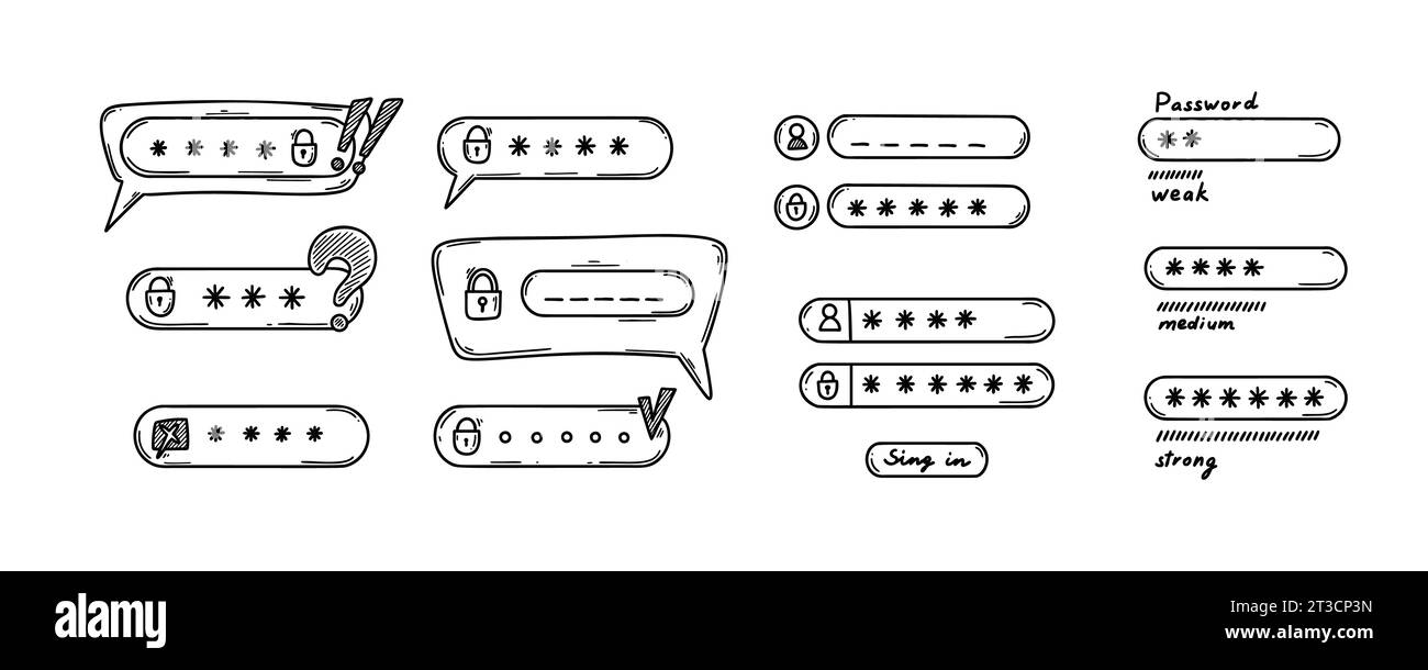 Doodle di verifica. Password interfaccia debole, media e forte. Icona di accesso. Concetto di sicurezza informatica disegnato a mano. Blocco dell'accesso ai dati personali. Illustrazione Vettoriale Doodle di verifica. Password interfaccia debole, media e forte. Icona di accesso. Concetto di sicurezza informatica disegnato a mano. Blocco dell'accesso ai dati personali. Illustrazione Vettoriale