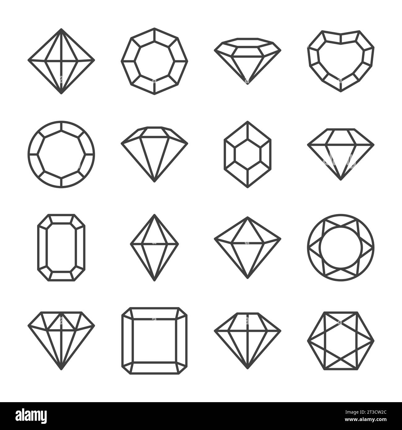 Set di icone Gemstone in bianco e nero lineari semplici e minimalistiche Vector Flat. Diamanti, Crystal, Rhinestones Closeup isolati. Concetto Jewerly. Progettazione Illustrazione Vettoriale