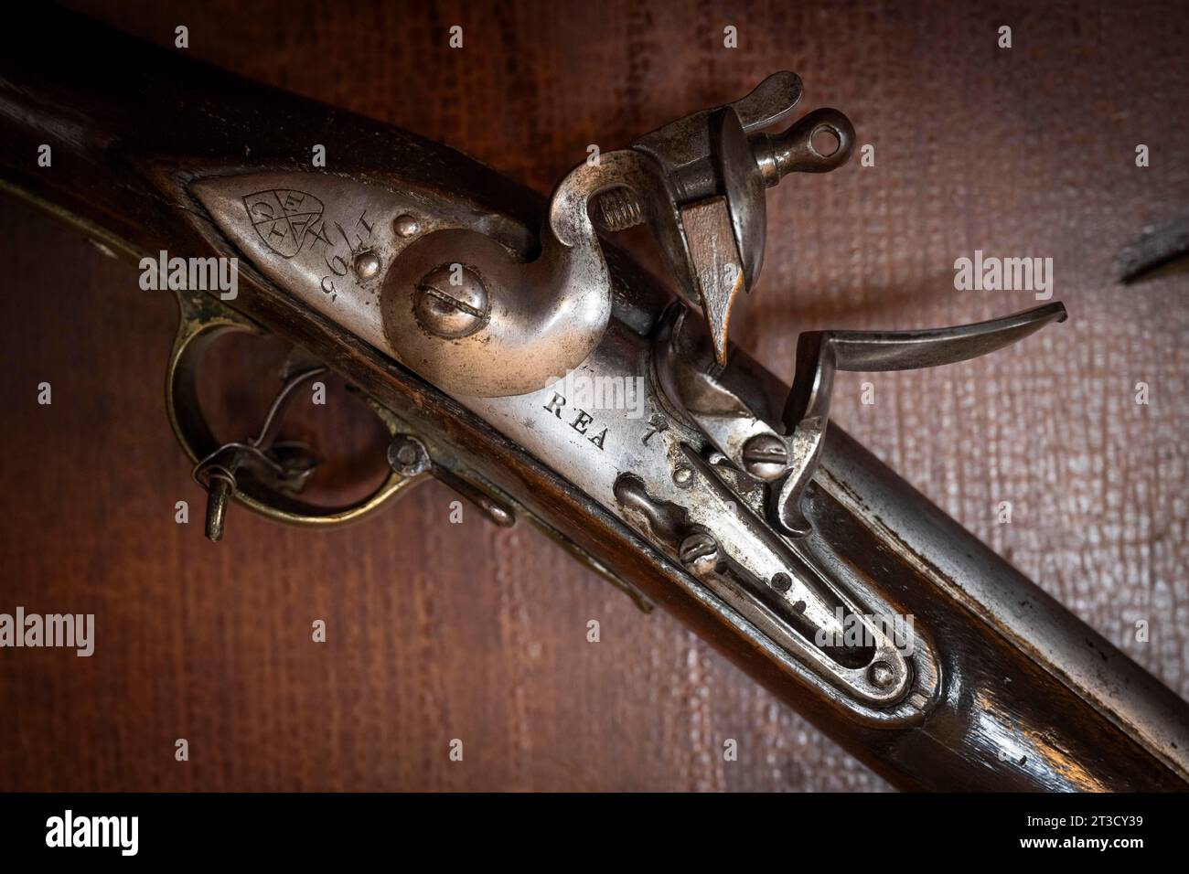 Grilletto, vecchio fucile del 1795, Blair Castle, Blair Atholl, Perth e Kinross, Scozia, gran Bretagna Foto Stock