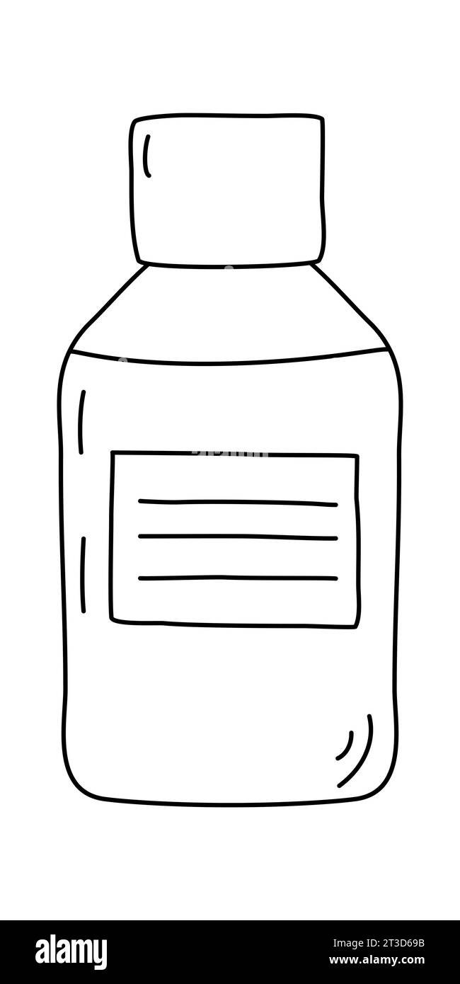 Flacone in vetro con tappo a vite, riempito con liquido, sciroppo per tosse o trattamento medico, illustrazione vettoriale piatto stile doodle per libri da colorare per bambini Illustrazione Vettoriale