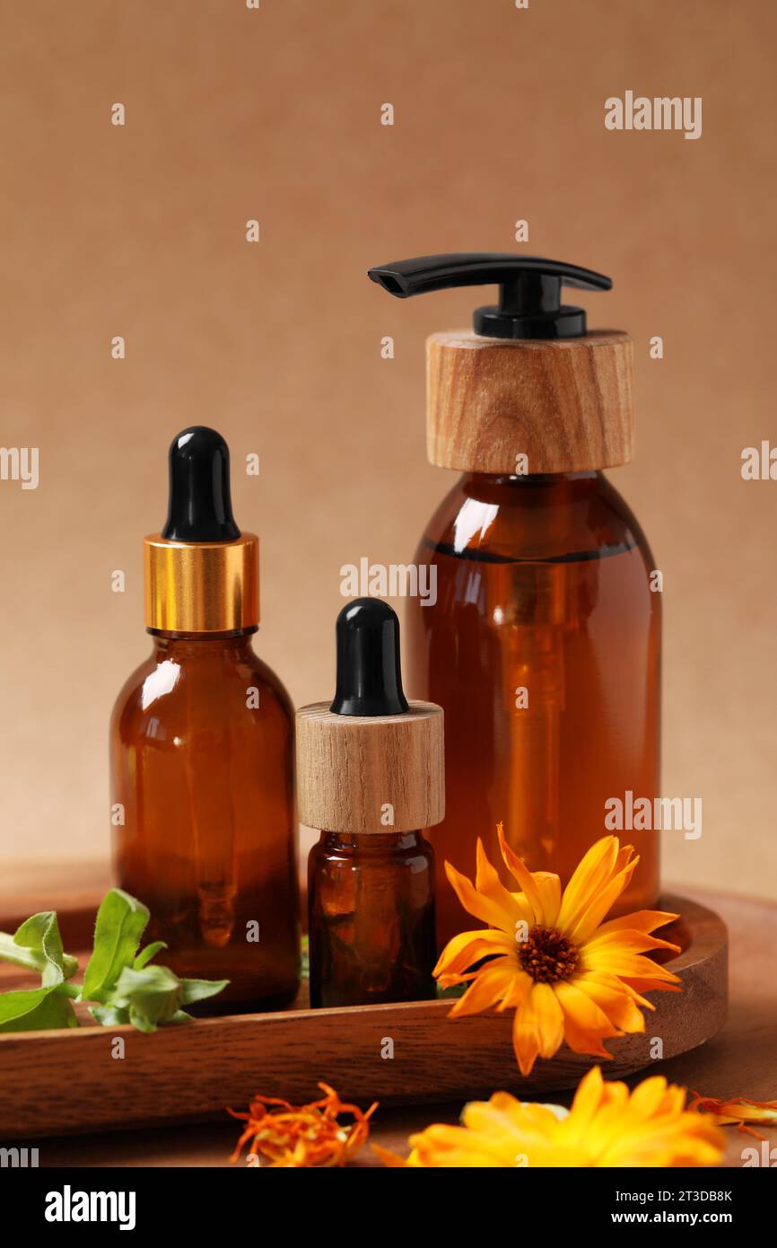 Bottiglie di oli essenziali e bellissimi fiori di calendula su tavola di legno Foto Stock