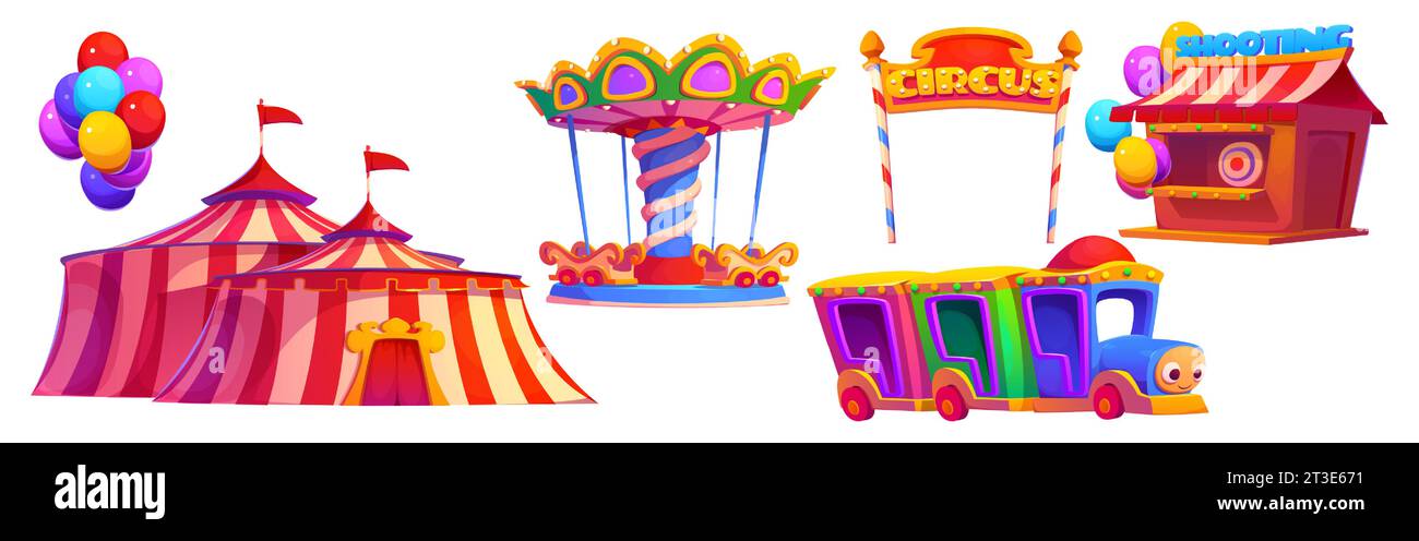 Parco divertimenti e parco divertimenti, set di elementi carnevaleschi. Collezione di illustrazioni vettoriali di cartoni animati con oggetti da fiera: Tenda da circo e palloncini colorati, giostra e treno per bambini, chiosco per giochi di tiro. Illustrazione Vettoriale