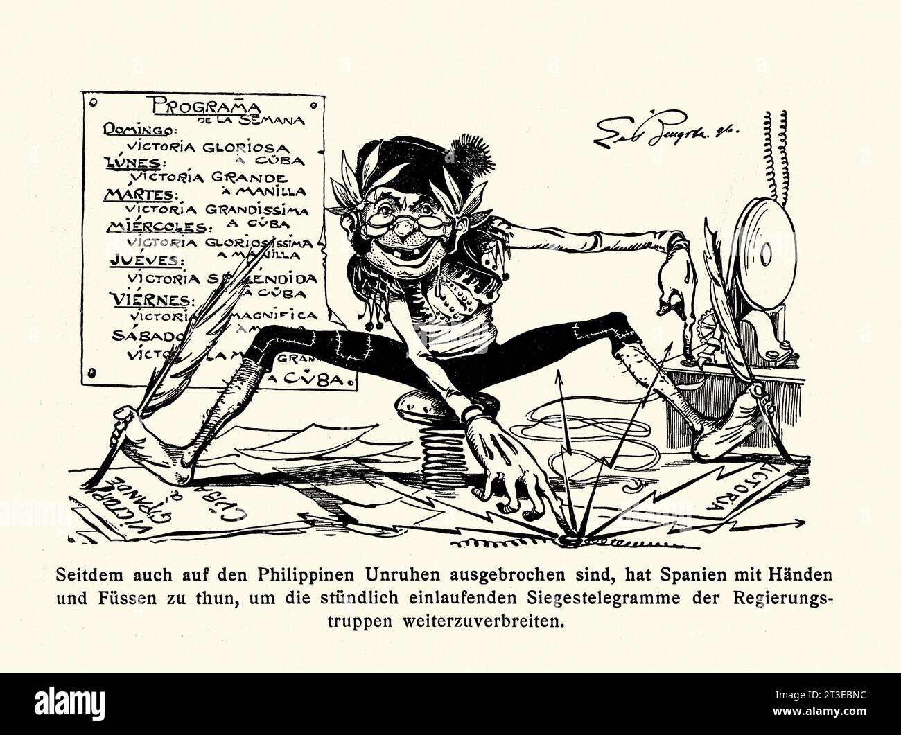 Cartone animato politico sulla rivoluzione filippina del 1896 un conflitto condotto dai rivoluzionari filippini contro le autorità coloniali spagnole nel tentativo di conquistare l'indipendenza dell'arcipelago. Foto Stock