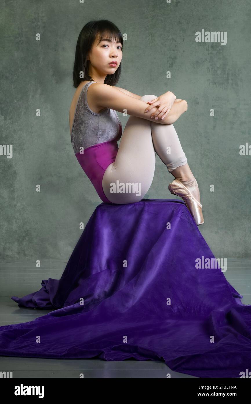 Ballerina giapponese su piantana in velluto viola Foto Stock
