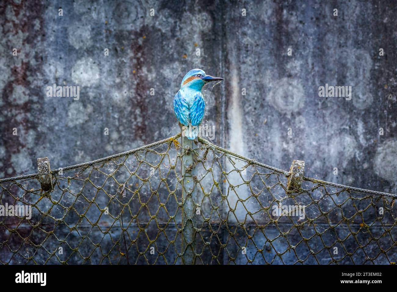 Scultura decorativa di un uccello kingfisher su una recinzione, sfondo all'aperto Foto Stock