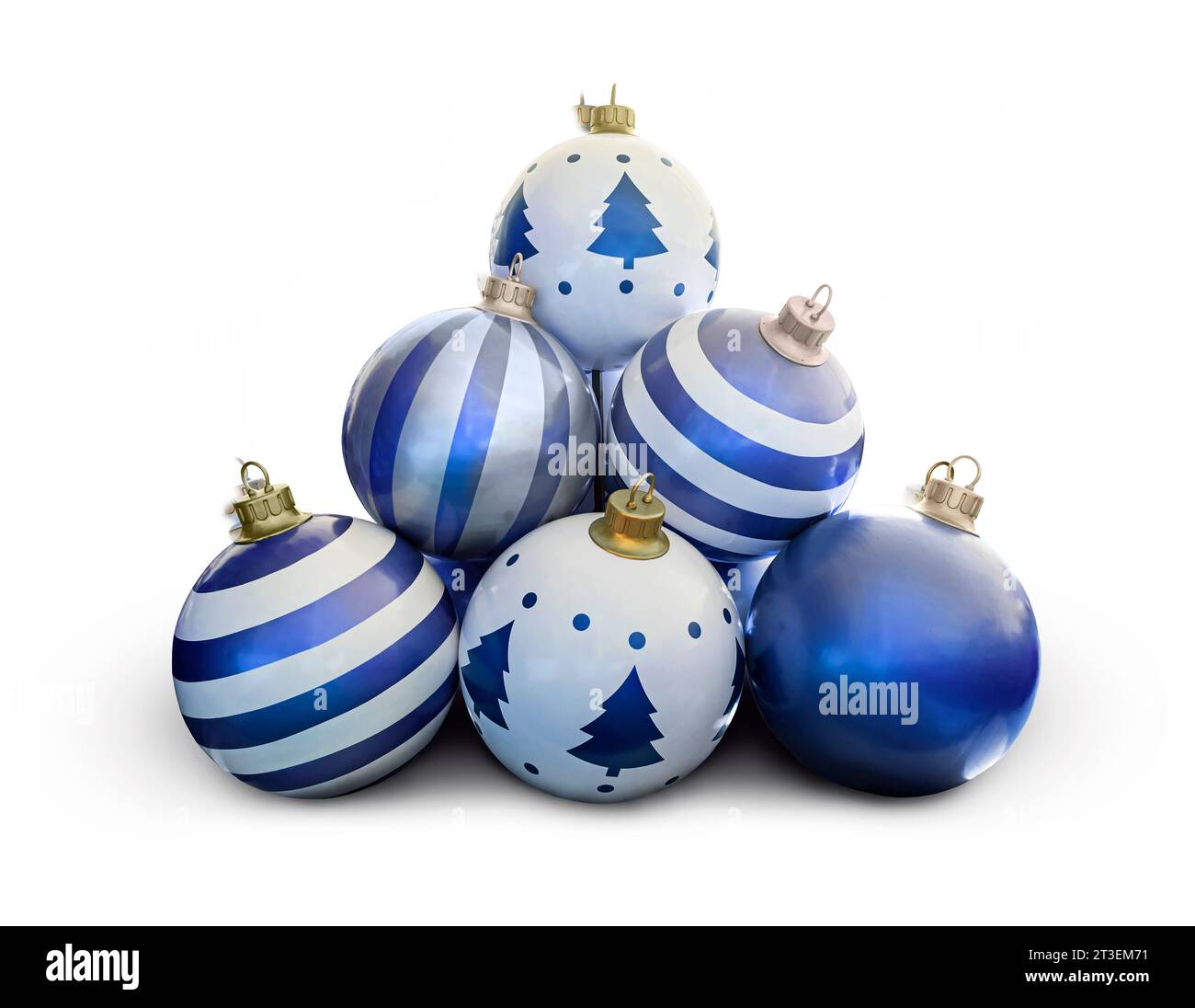 Giocattoli di Natale per l'albero di Natale e l'anno nuovo, tre bellissime palline blu isolate sullo sfondo bianco. Una piramide di molti palloni di Natale blu Foto Stock