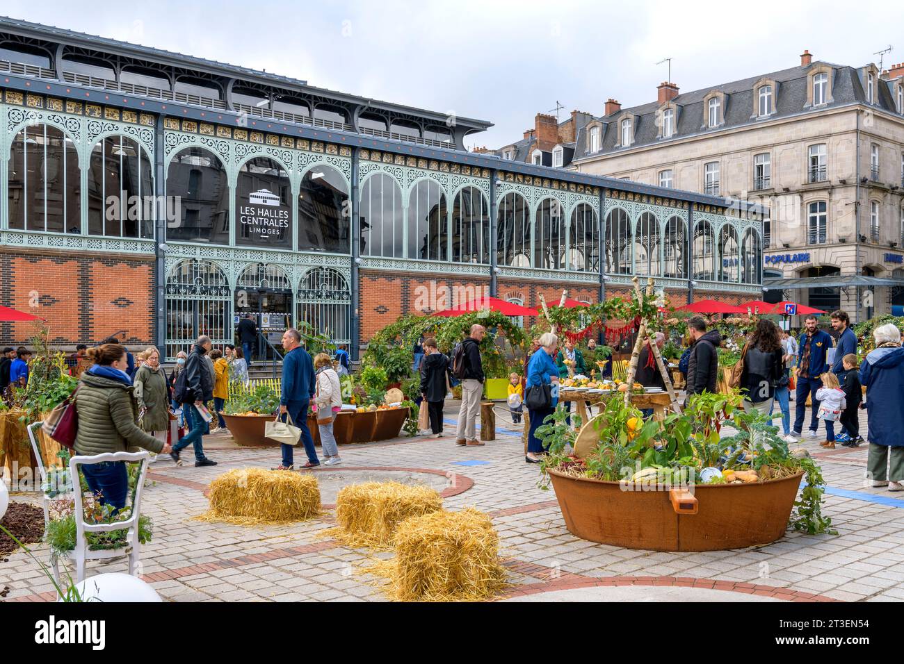 Fuori dai mercati centrali di Limoges (Les Halles Centrales Limoges). Esposizione di porcellana e prodotti in un orto a Place de la Motte. Foto Stock