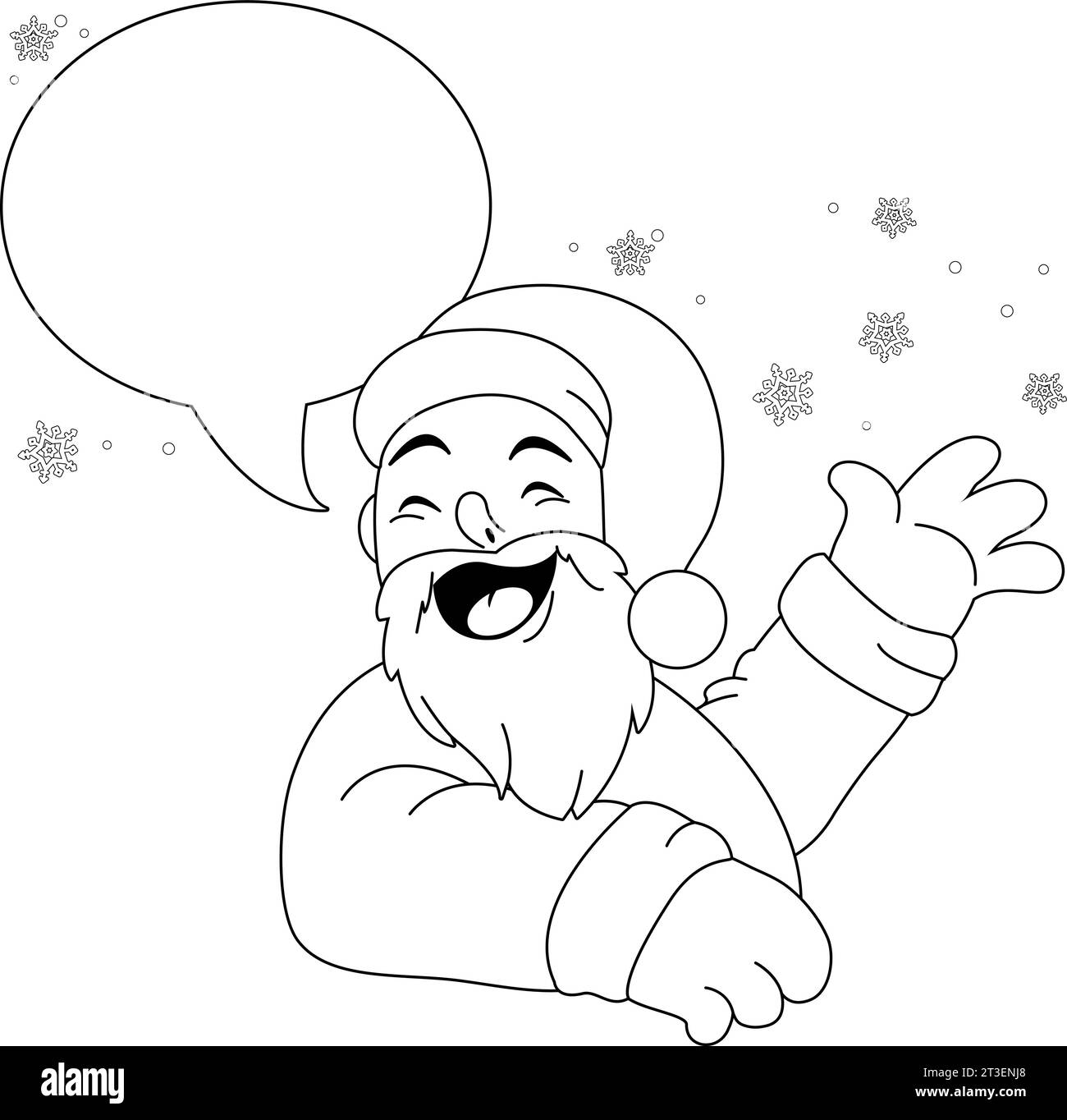 Babbo Natale con bolla di discorso. Pagina vettoriale di colorazione in bianco e nero. Illustrazione Vettoriale