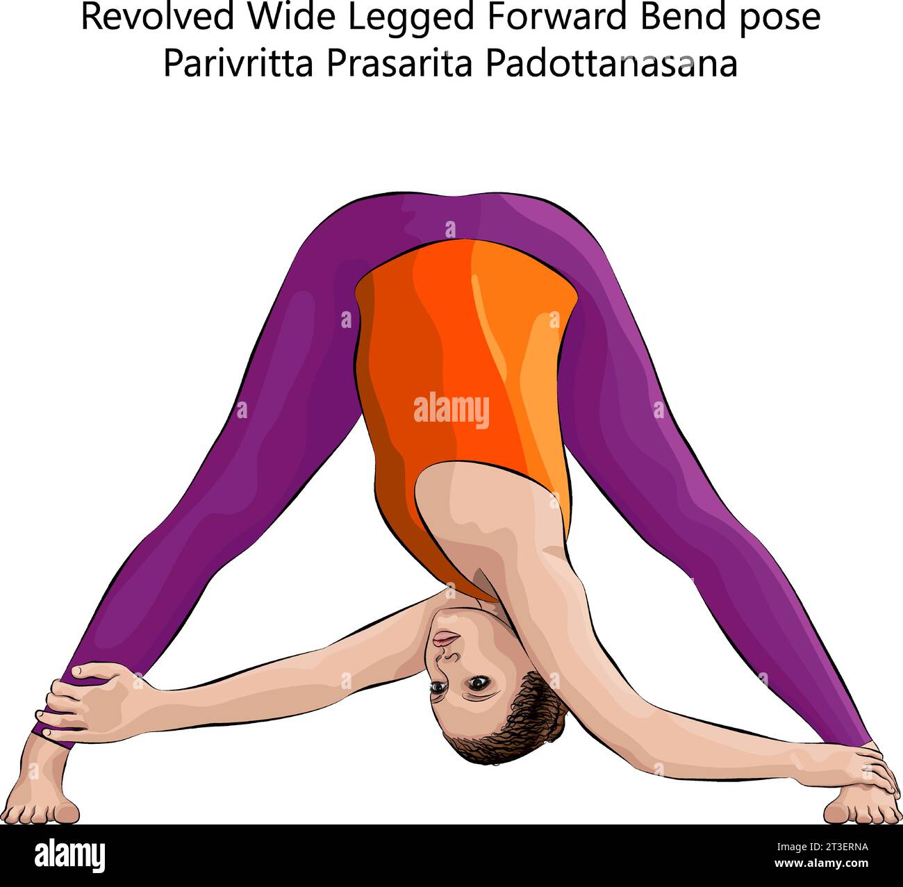 Posa yoga. Parivritta Prasarita Padottanasana. Posa di piegatura in avanti con gambe larghe con rivoluzione. Difficoltà intermedia. Illustrazione vettoriale isolata. Illustrazione Vettoriale