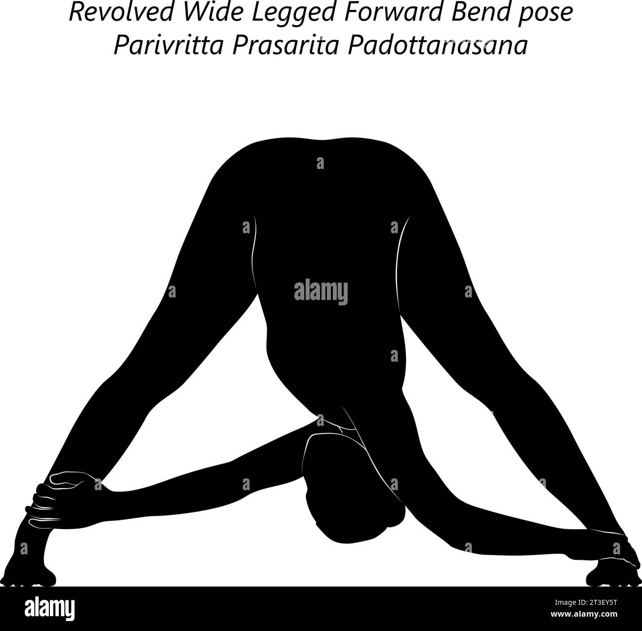 Silhouette di donna che fa yoga Parivritta Prasarita Padottanasana. Posa di piegatura in avanti con gambe larghe con rivoluzione. Illustrazione vettoriale isolata. Illustrazione Vettoriale