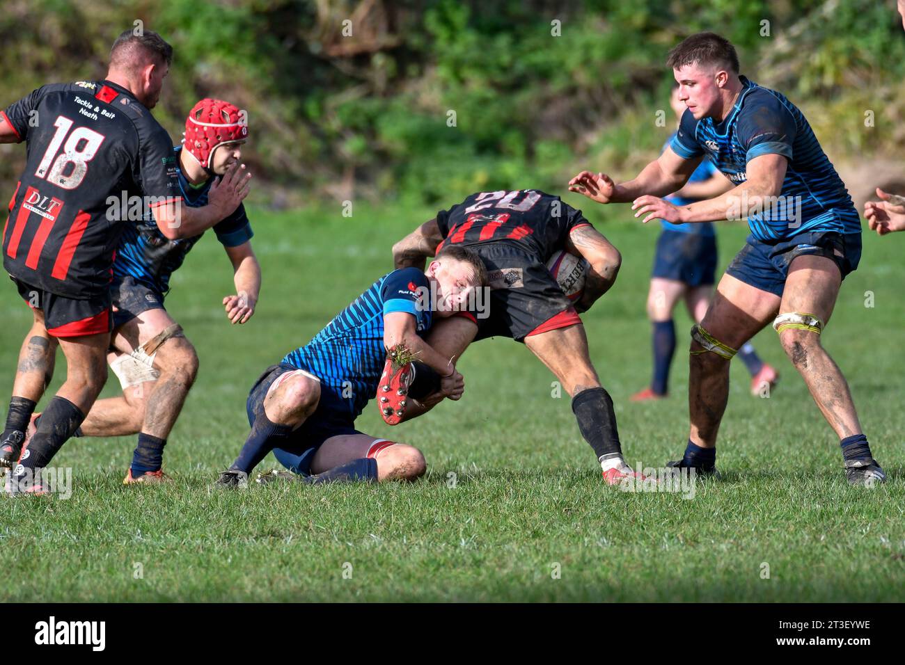 Trebanos, Galles. 21 ottobre 2023. Logan Phillips di Maesteg Quins viene affrontato da un giocatore di Trebanos durante la partita WRU Admiral Championship West tra Trebanos e Maesteg Quins al Park di Trebanos, Galles, Regno Unito, il 21 ottobre 2023. Crediti: Duncan Thomas/Majestic Media. Foto Stock