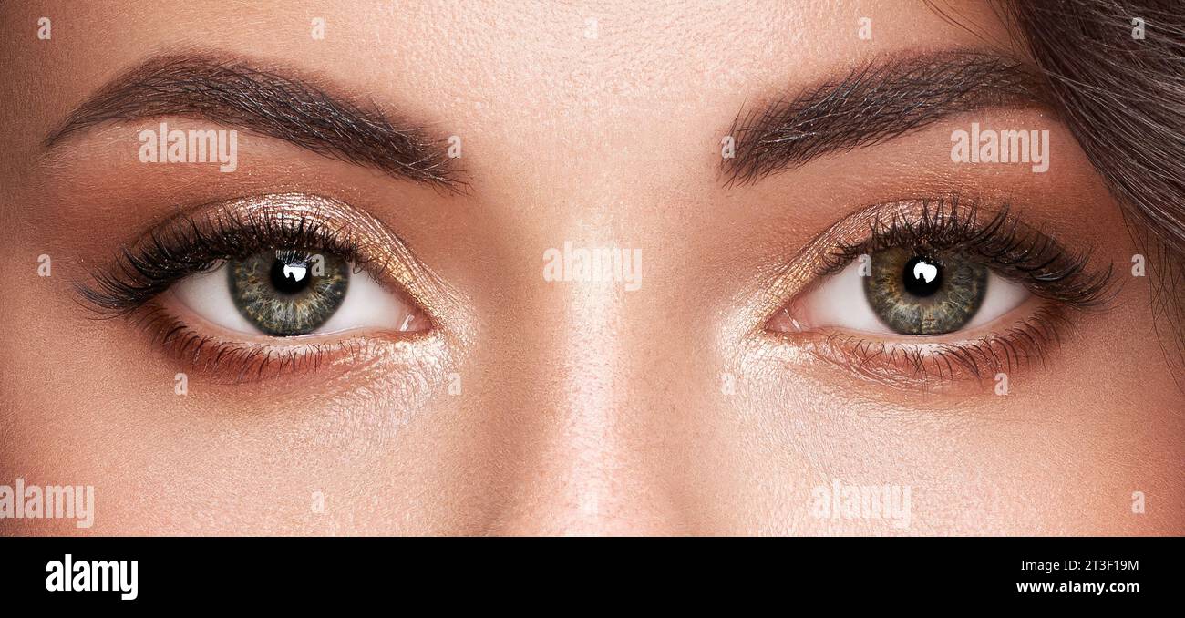Occhi femminili belli con ciglia lunghe. Prolunghe per ciglia. Trucco, cosmetici, bellezza. Primo piano, macro Foto Stock