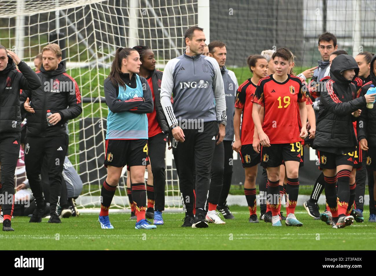 Tubize, Belgio. 25 ottobre 2023. Belgio dopo una partita di calcio tra le nazionali femminili U19 del Belgio e dell'Irlanda per il Campionato europeo femminile U19 2014 Round 1 mercoledì 25 ottobre 2023 a Tubize, Belgio. Credito: Sportpix/Alamy Live News Foto Stock