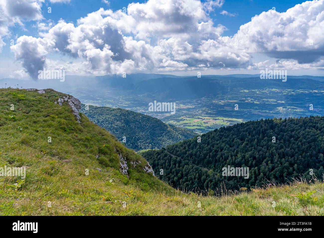 Passo Grand Colombier. Vista del col Du Grand Colombier, della foresta, della strada, del lago Bourget e della catena montuosa dietro Foto Stock