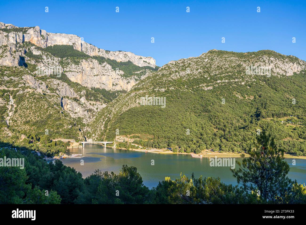 Francia, Alpes-de-Haute-Provence, parco naturale regionale del Verdon, Grand Canyon del Verdon, gole del Verdon e il ponte alla foce del lago Sainte-Croix Foto Stock