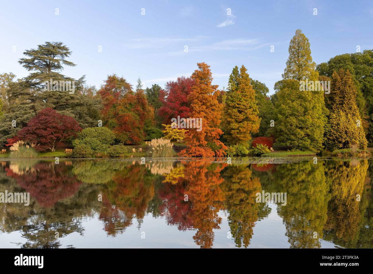 I colori autunnali si riflettono sullo Sheffield Park, Sussex, Regno Unito Foto Stock