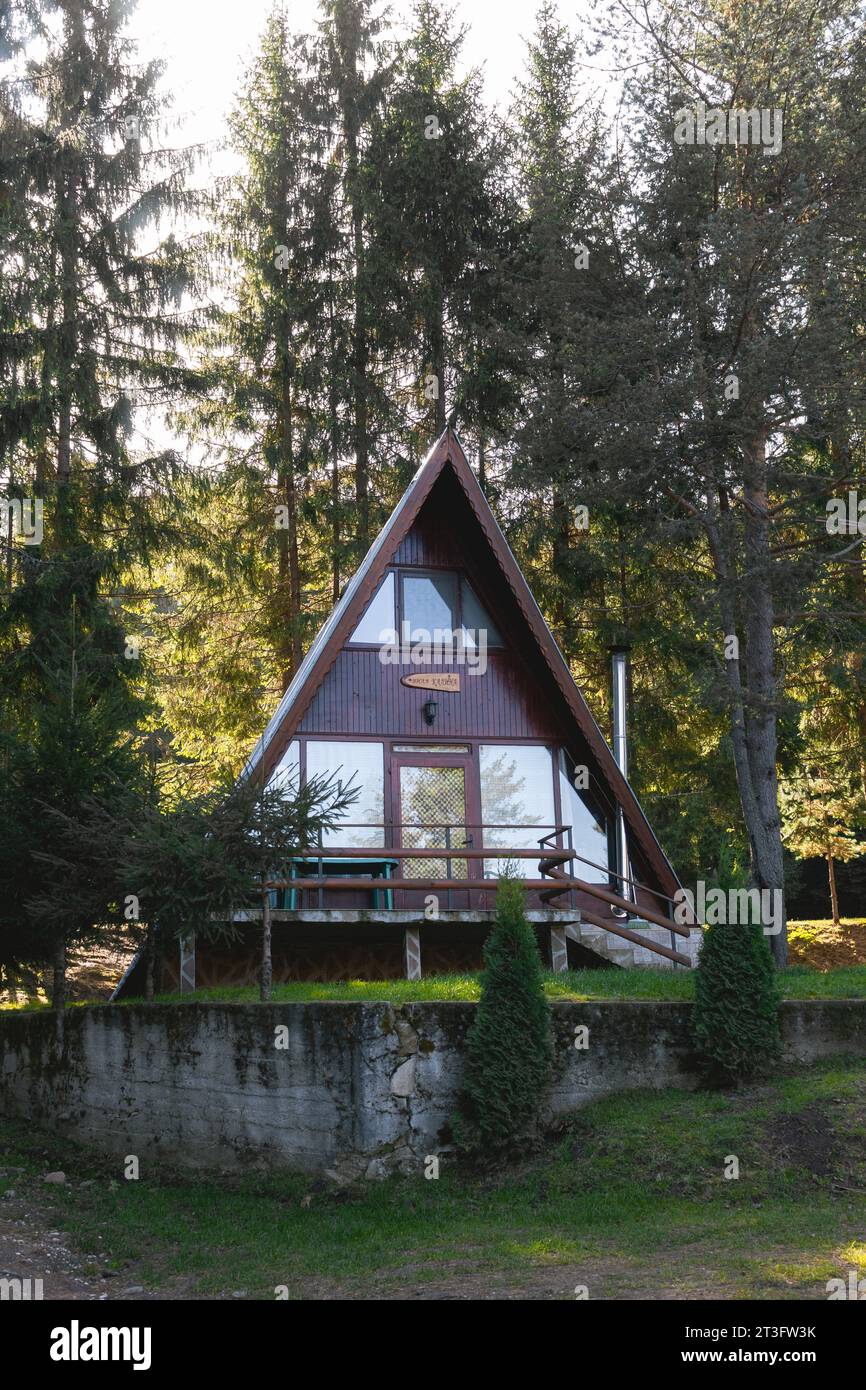 Piccola villa con tetto triangolare nella foresta. Foto Stock