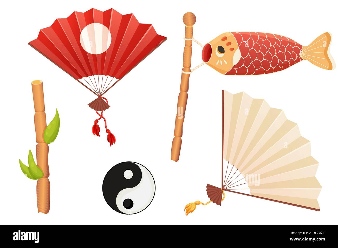 Set lanterna tradizionale, lampada a sospensione con elementi in oro e nappina, divertimento asiatico mano con legno e materiale di carta in stile cartoon isolato su sfondo bianco. Illustrazione vettoriale Illustrazione Vettoriale