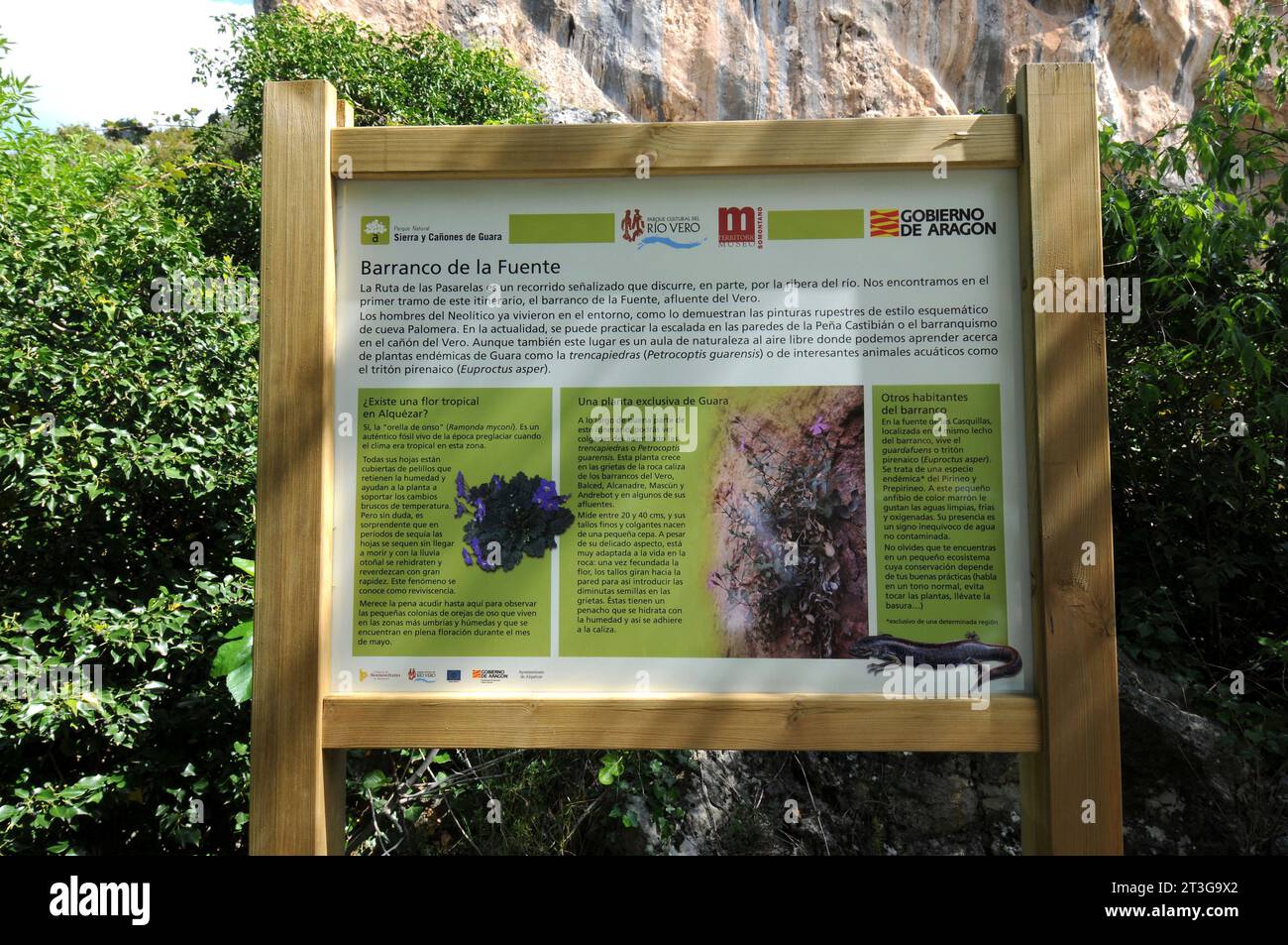 Ruta de las Pasarelas, poster informativo. Barranco de la Fuente, Parco naturale della Sierra y Cañones de Guara. Alquezar, provincia di Huesca, Aragona, Spagna. Foto Stock