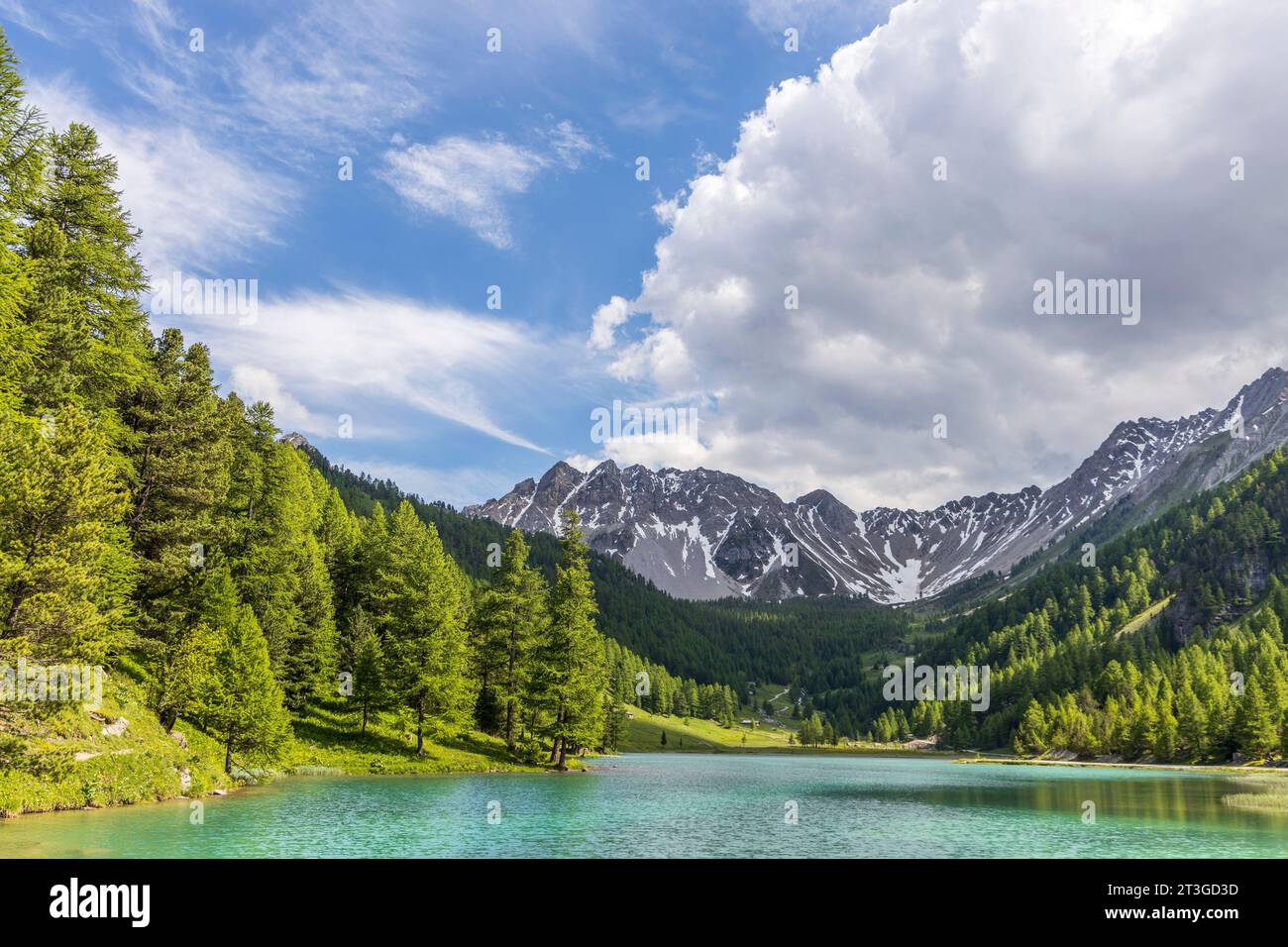 Francia, Hautes-Alpes, Villar-Saint-Pancrace, Lago Orceyrette (1927 m), da sinistra a destra PIC de Roche Noire (2707 m), PIC de Maravoise (2704 m), Crêt Foto Stock