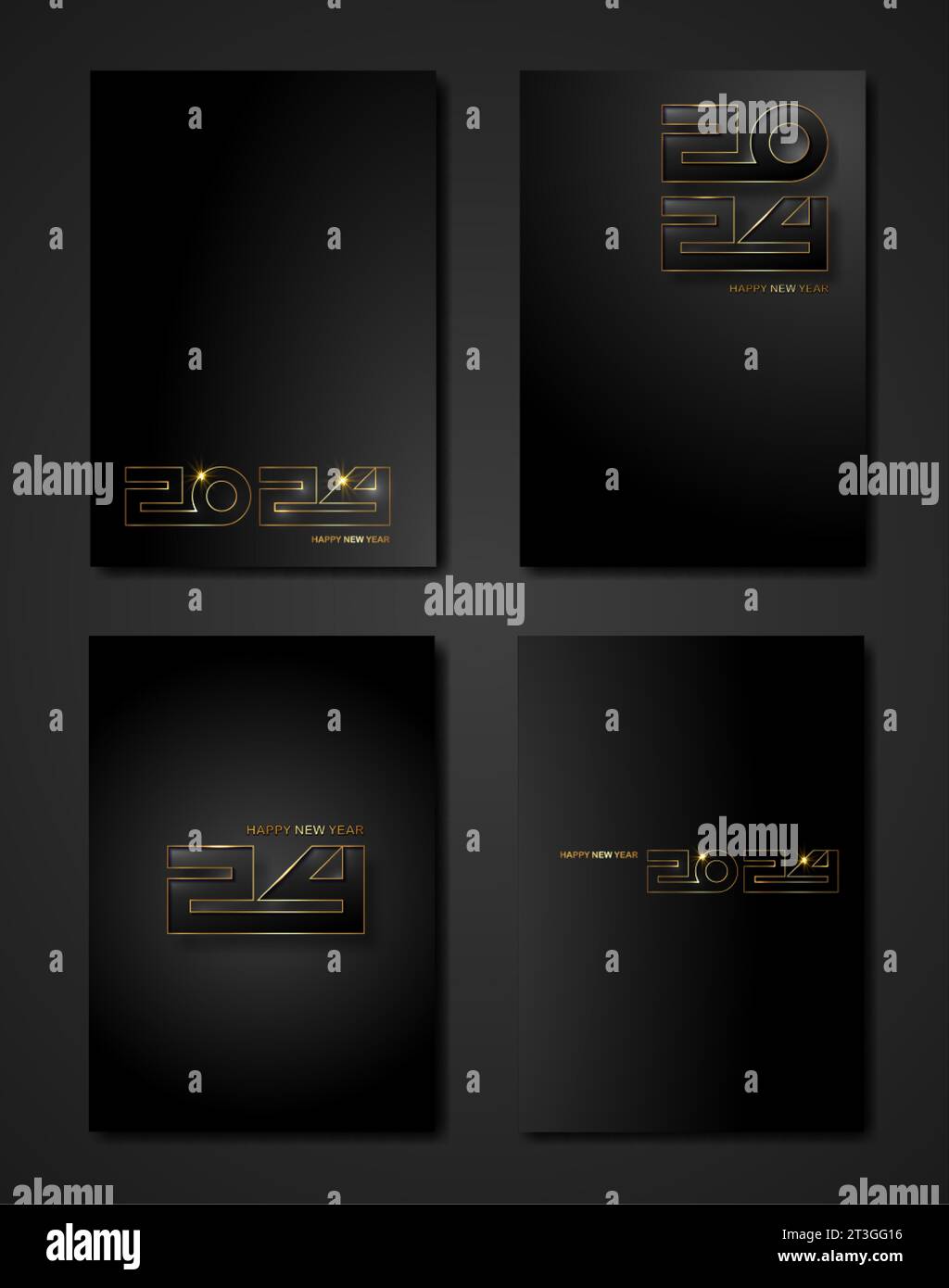 Set di carte nere texture oro per Capodanno 2024, sfondo moderno scuro di lusso dorato, elementi per il calendario e i biglietti di auguri o a tema natalizio Illustrazione Vettoriale