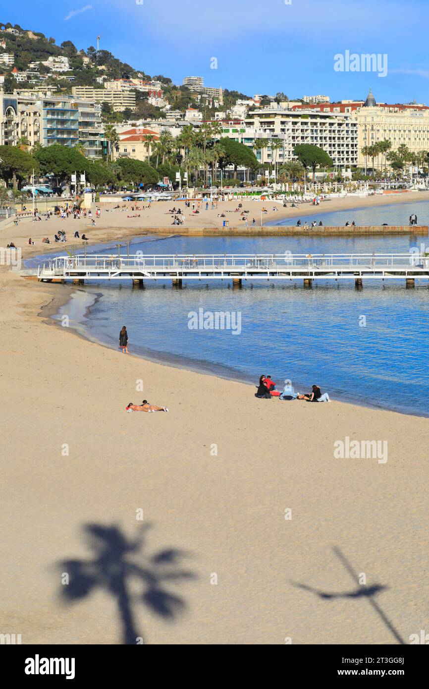 Francia, Alpes Maritimes, Cannes, vista sulla spiaggia, la Croisette e l'hotel Carlton sulla destra Foto Stock