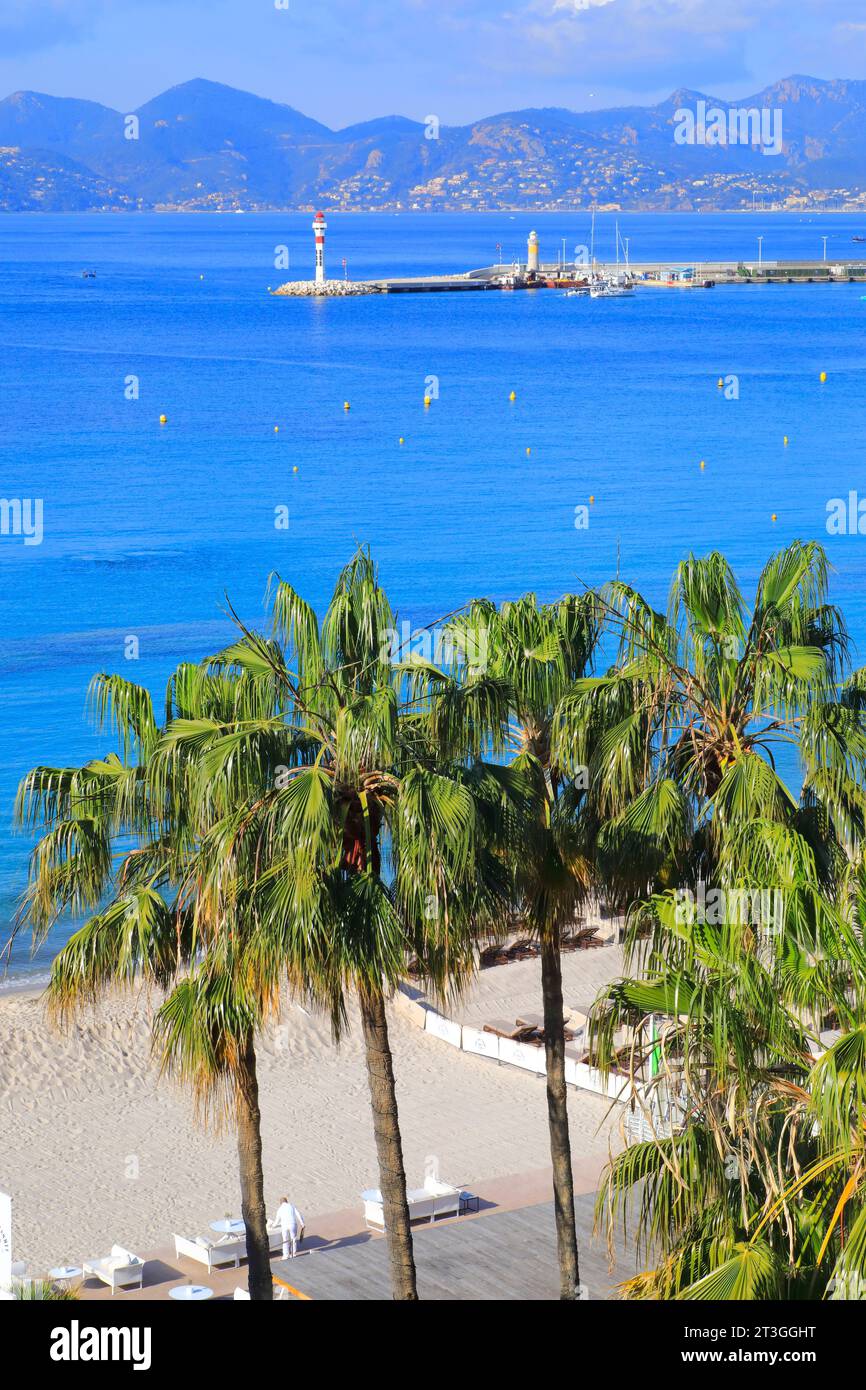 Francia, Alpi marittime, Cannes, Croisette, vista dal Carlton Hotel sull'ingresso del porto con sullo sfondo il Golfo di Napoule Foto Stock