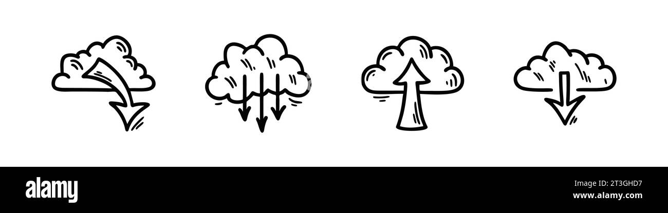 Set di icone della tecnologia di cloud computing. Servizio server dati disegnato a mano. Illustrazioni vettoriali di schizzo per il trasferimento di file in rete digitale. Scarica il sistema Illustrazione Vettoriale