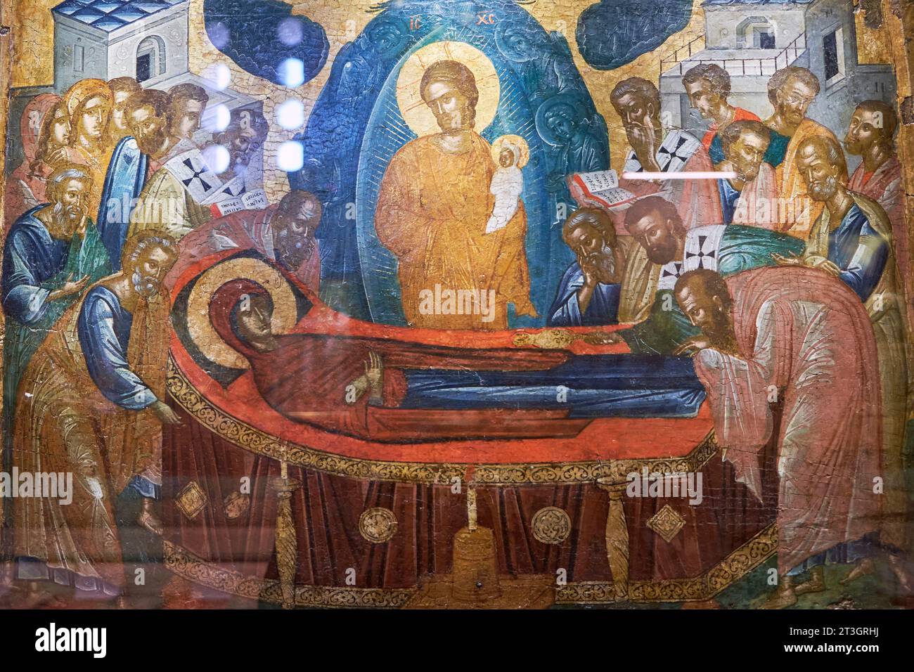Grecia, Tessaglia, Meteora, sito patrimonio dell'umanità dell'UNESCO, monastero di Varlaam, affresco del museo Foto Stock