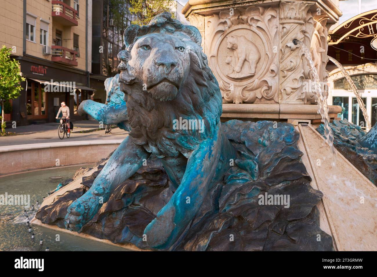 Macedonia del Nord, Skopje, la Fontana del Leone, il leone è il simbolo della Macedonia, il simbolo di Alessandro III Foto Stock