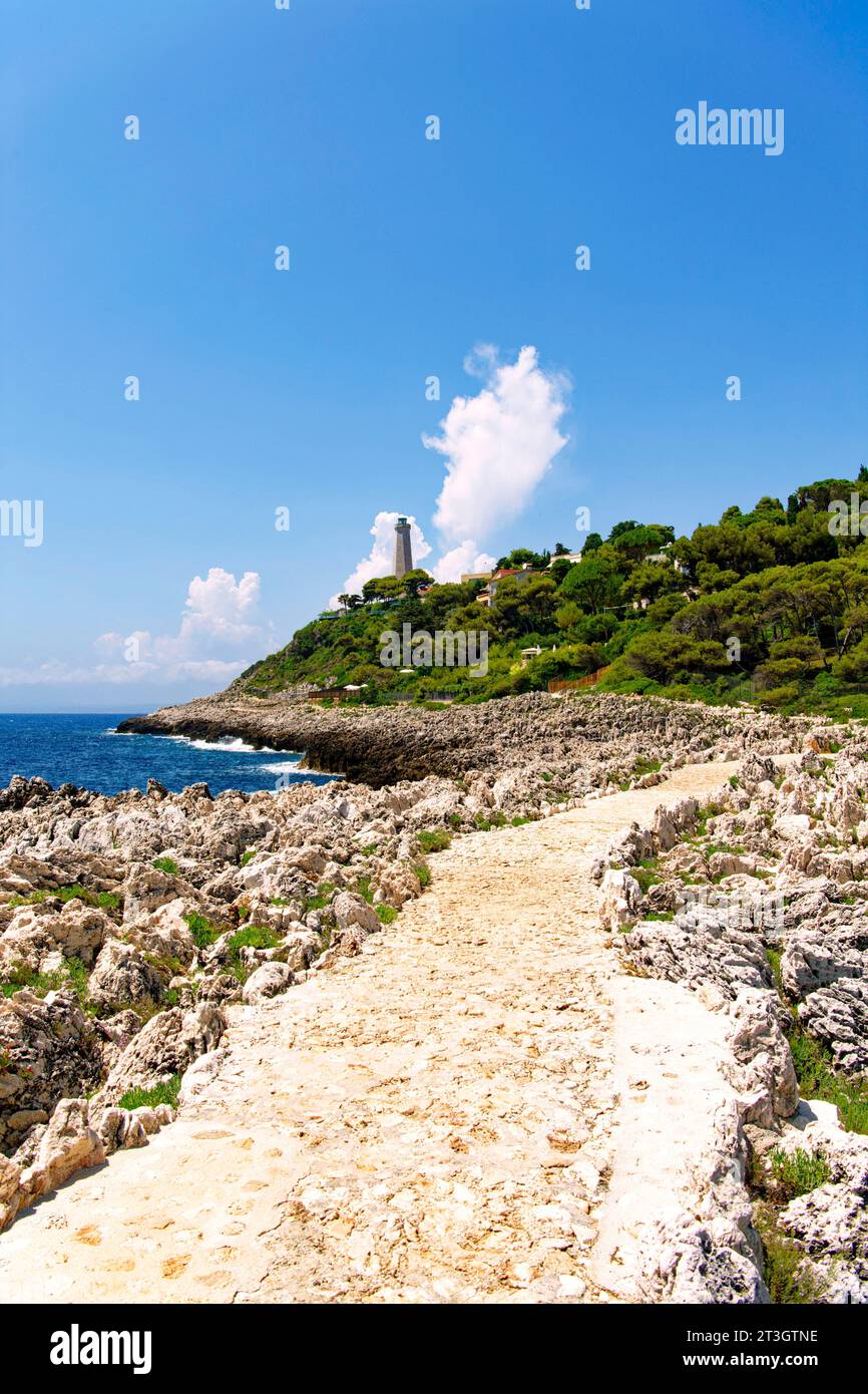 Francia, Alpi marittime, Saint Jean Cap Ferrat, il faro di Cap Ferrat, sentiero sul mare Foto Stock