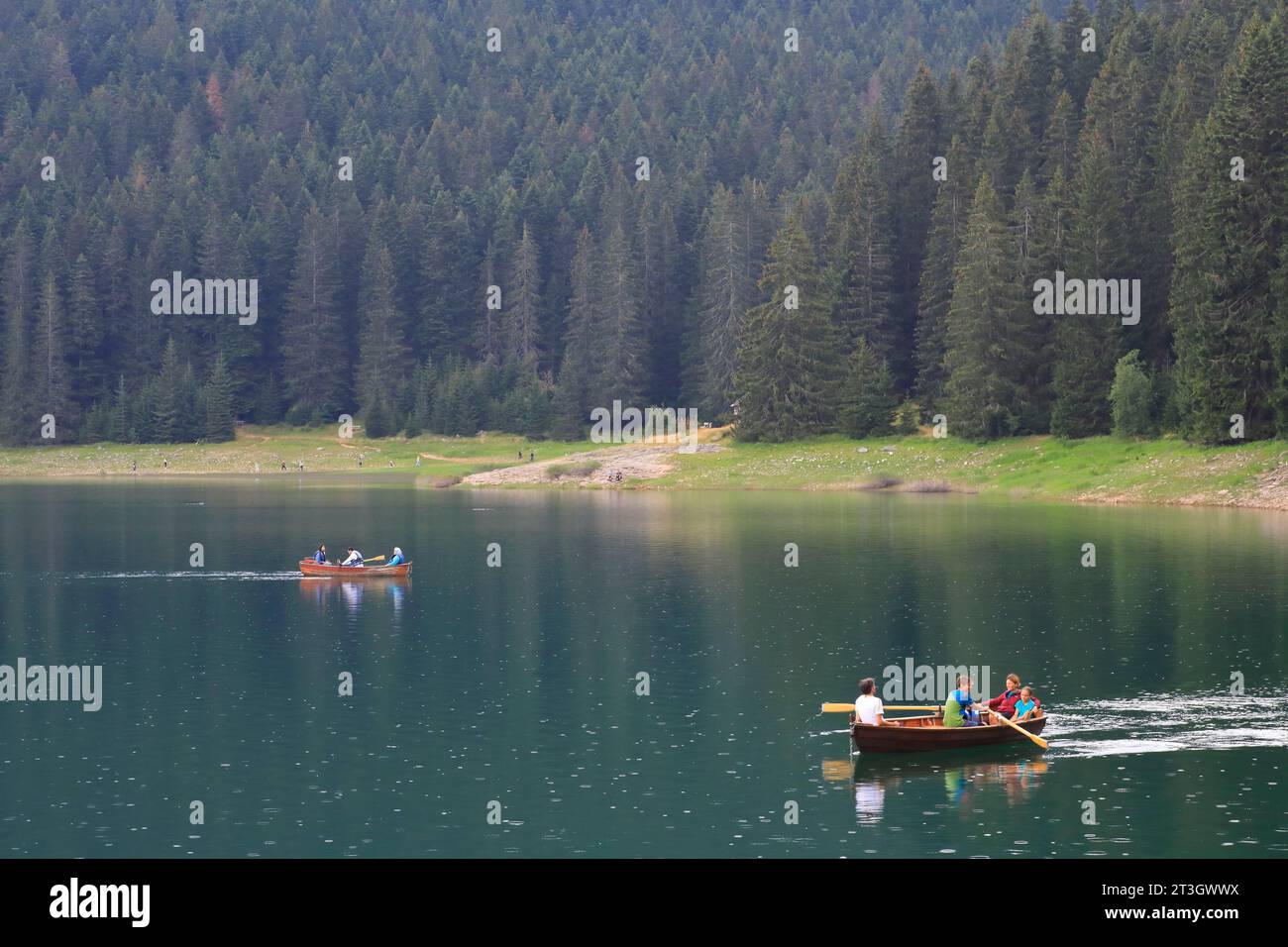 Montenegro, Parco Nazionale di Durmitor dichiarato Patrimonio dell'Umanità dall'UNESCO, Žabljak, Lago Nero (Crno Jezero), gita in barca sotto la pioggia Foto Stock
