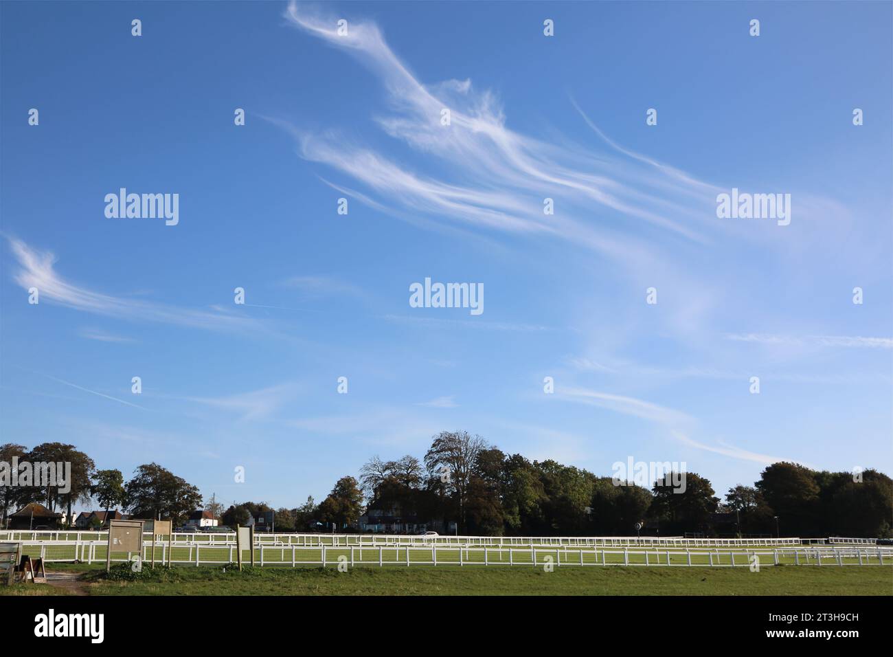 Cirrus Clouds High Altitude, ippodromo di Epsom Downs, Surrey, Inghilterra Foto Stock