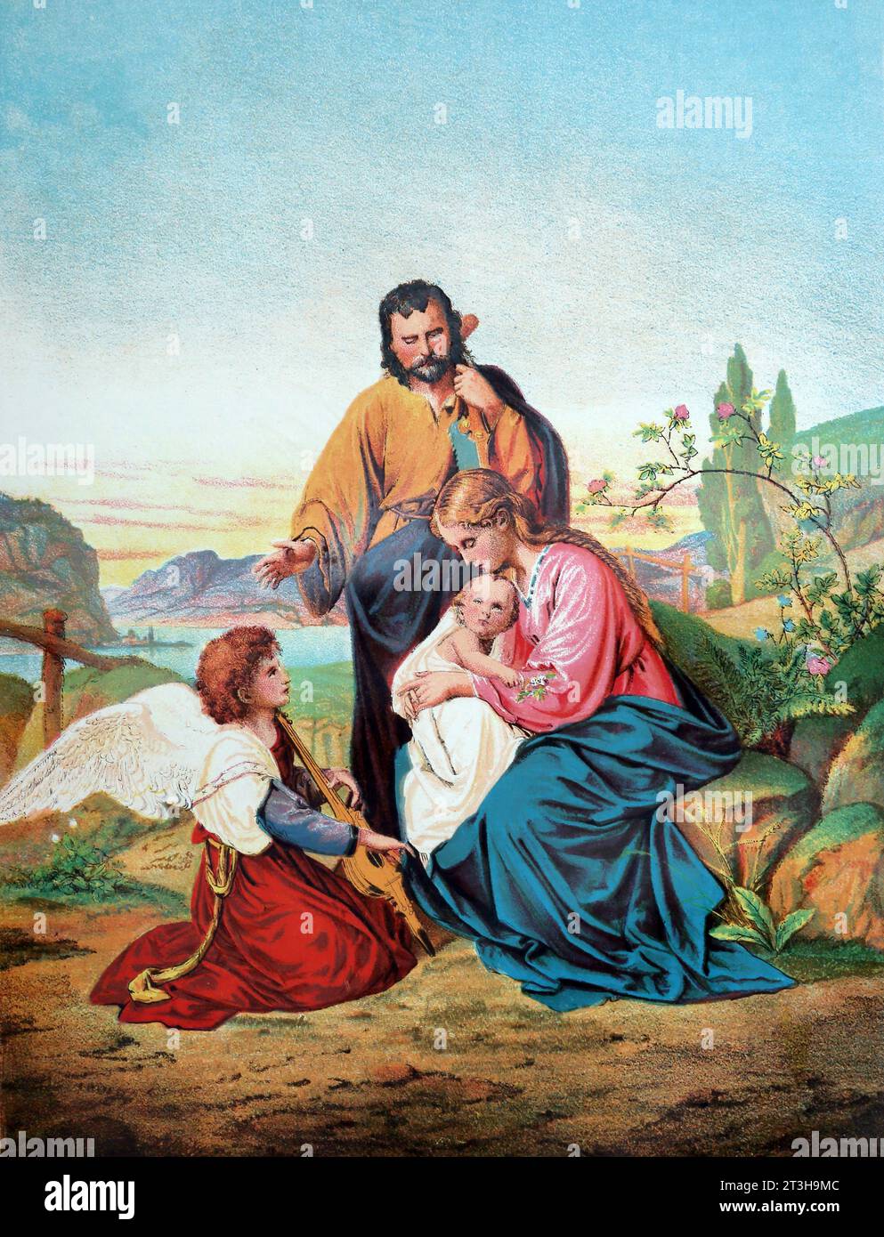 Illustrazione della Sacra famiglia con un angelo che suona musica Vangeli del nuovo Testamento dalla Sacra Bibbia del XIX secolo Foto Stock