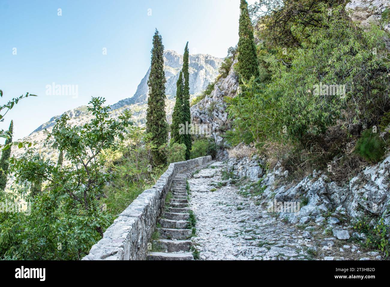 Scalini delle mura della città superiore a Cattaro in Montenegro. Foto Stock