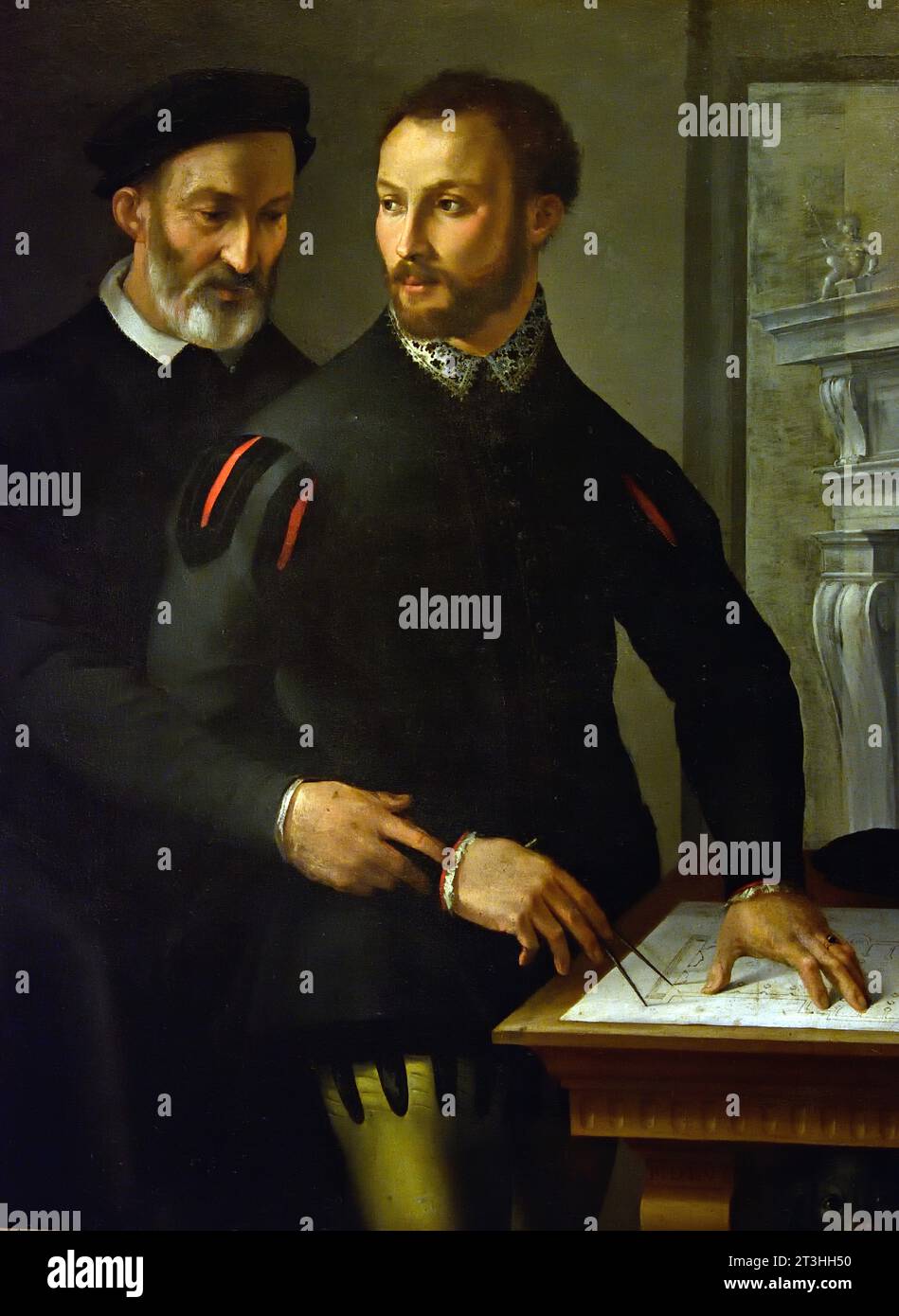 Doppio Ritratto maschile 1556 Museo Maso da San Friano, Italia, Italiano. un giovane vestito alla moda esamina i piani architettonici di una chiesa. Un uomo più anziano che indossa un vestito più semplice appare da dietro e sembra sorprendere il suo compagno più giovane. Si avvicina alla bussola di misurazione del giovane Foto Stock
