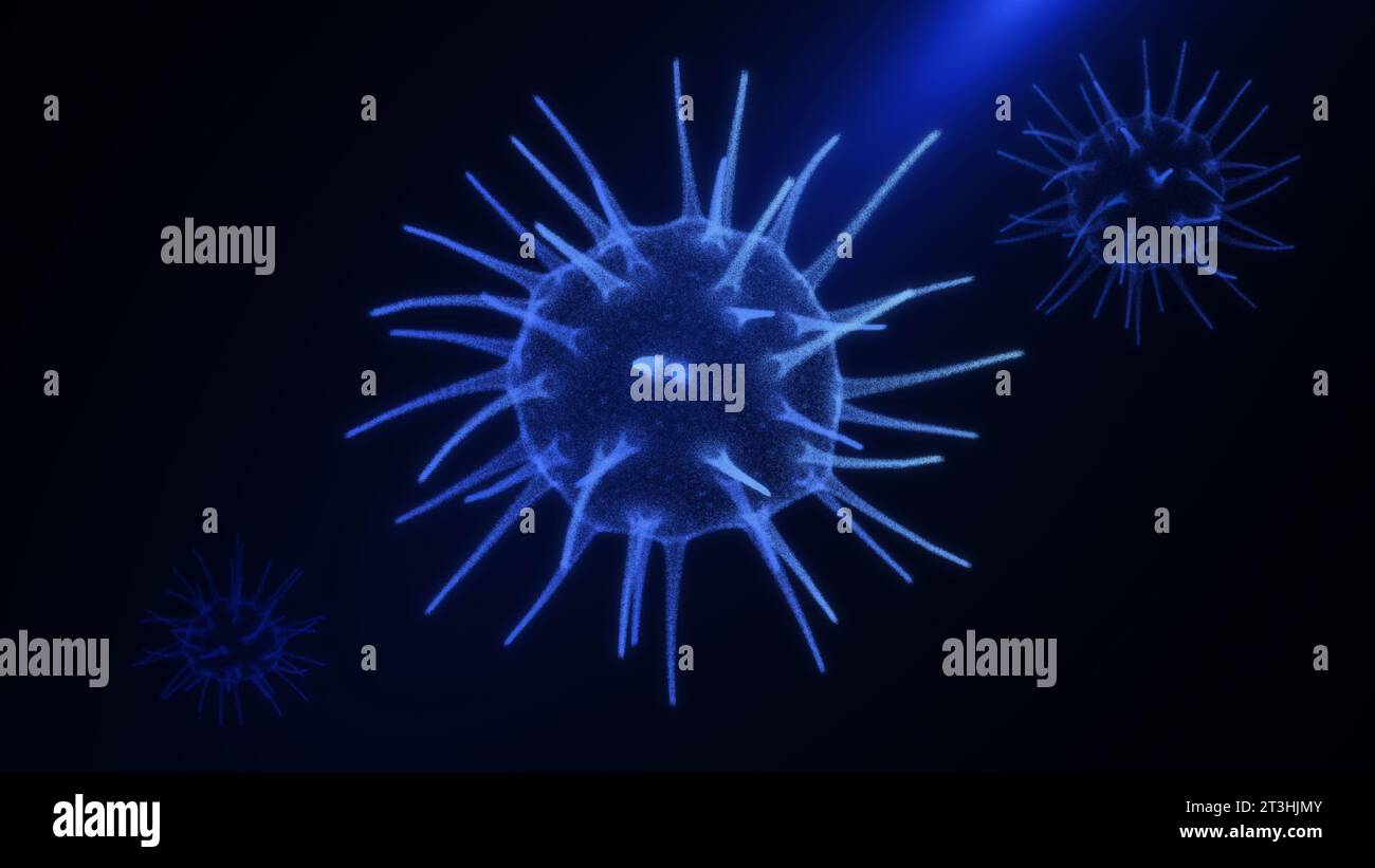 Virus sferici con un corpo simile a una gelatina nei raggi di luce su sfondo blu. Sfere deformabili con tentacoli mobili. Rendering 3D. Foto Stock
