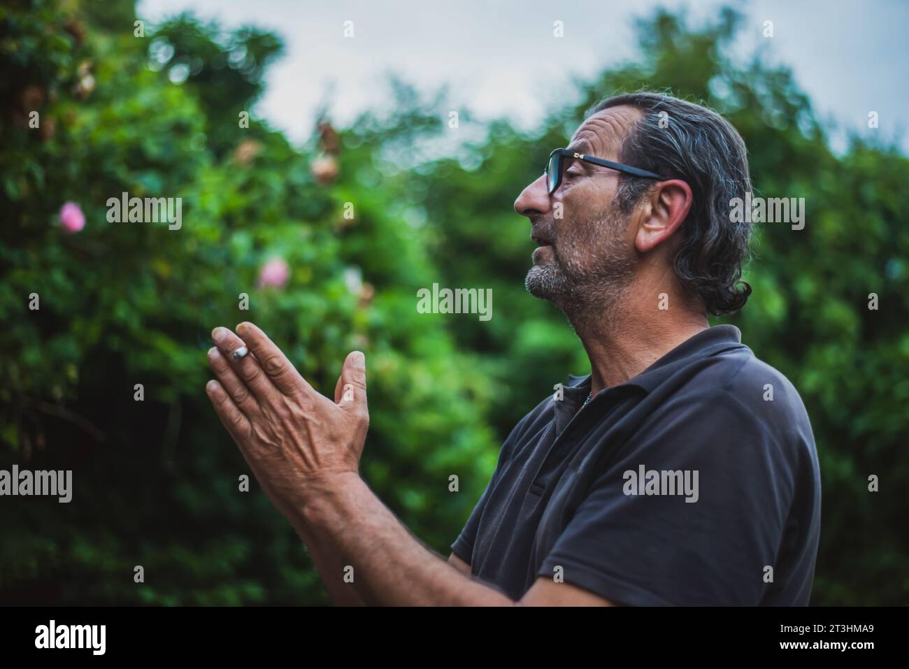 In mezzo all'abbraccio della natura, un vivace gentiluomo serbo di 60 anni, che indossa occhiali e che sfoggia capelli lunghi, si impegna in conversazioni animate all'aperto, h Foto Stock