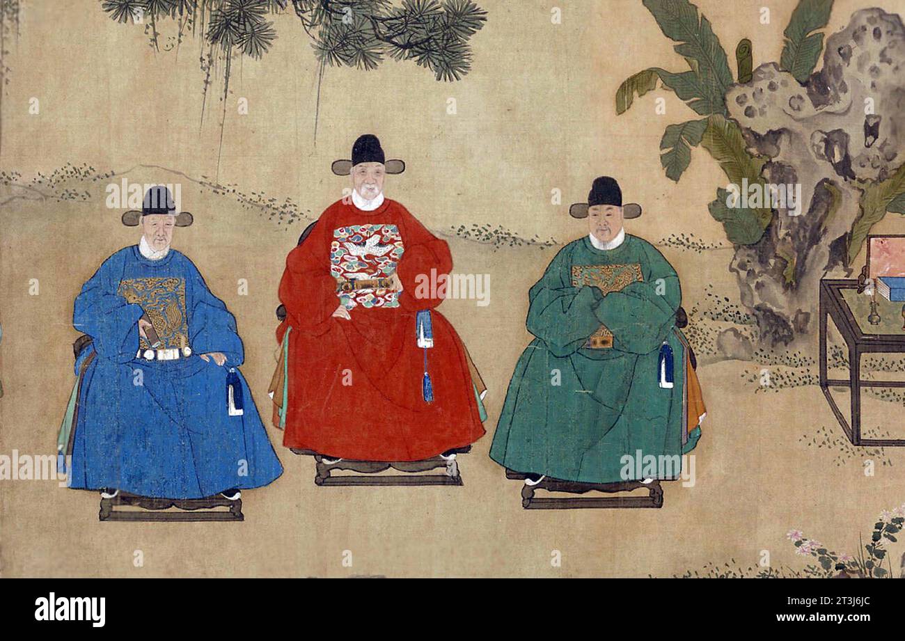 Tre mandarini della dinastia Ming di vari ranghi. Pittura dei dieci Jinshi dell'anno Jiashen (1464) Foto Stock