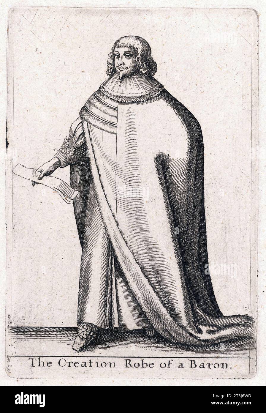 La veste indossata da un barone durante la sua cerimonia di creazione nella Gran Bretagna del XVII secolo, incisa da Wenceslas Hollar Foto Stock